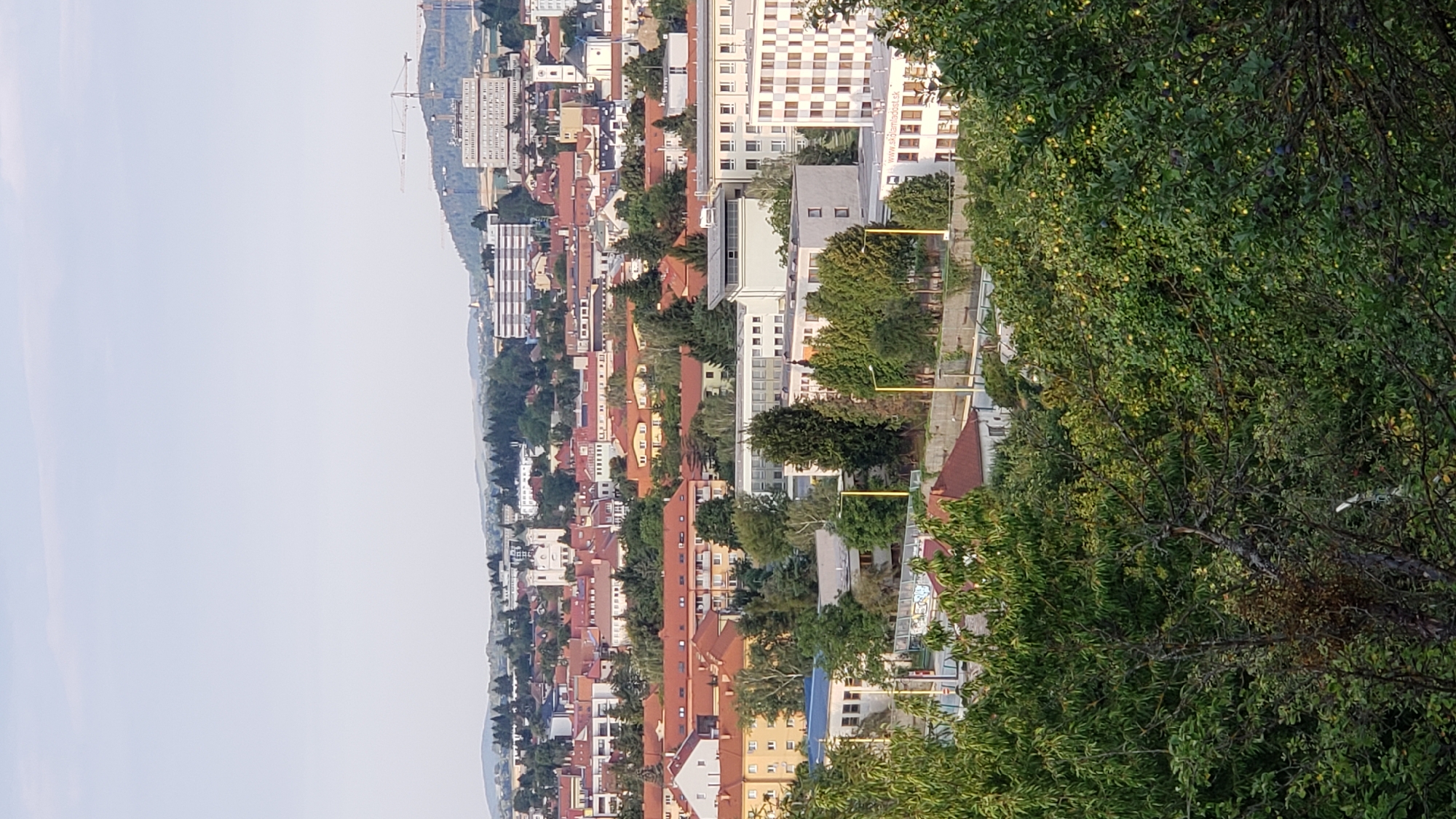 This is an aerial photograph capturing an urban landscape in Prešov, Slovakia, likely taken from a high vantage point overlooking the city. The foreground is dominated by lush green foliage of trees, obscuring the lower portion of the image. Beyond the trees, a dense collection of buildings with reddish-brown tiled roofs extends across the midground. These buildings vary in height and architectural style, suggesting a mix of residential and commercial structures. Some taller, more modern buildings with white facades and numerous windows are visible interspersed within the older architecture.
In the background, a range of rolling hills forms the horizon, with a clear sky above. Industrial cranes are visible on one of the hills, indicating ongoing construction or development. Distinctive landmarks, such as a white church with a steeple, are present among the buildings. The overall impression is of a well-established city with a blend of historical and contemporary elements, nestled within a natural hilly environment. No people are discernibly present in the image, and there are no apparent actions or interactions taking place. The scene depicts a calm, daytime view of the city.