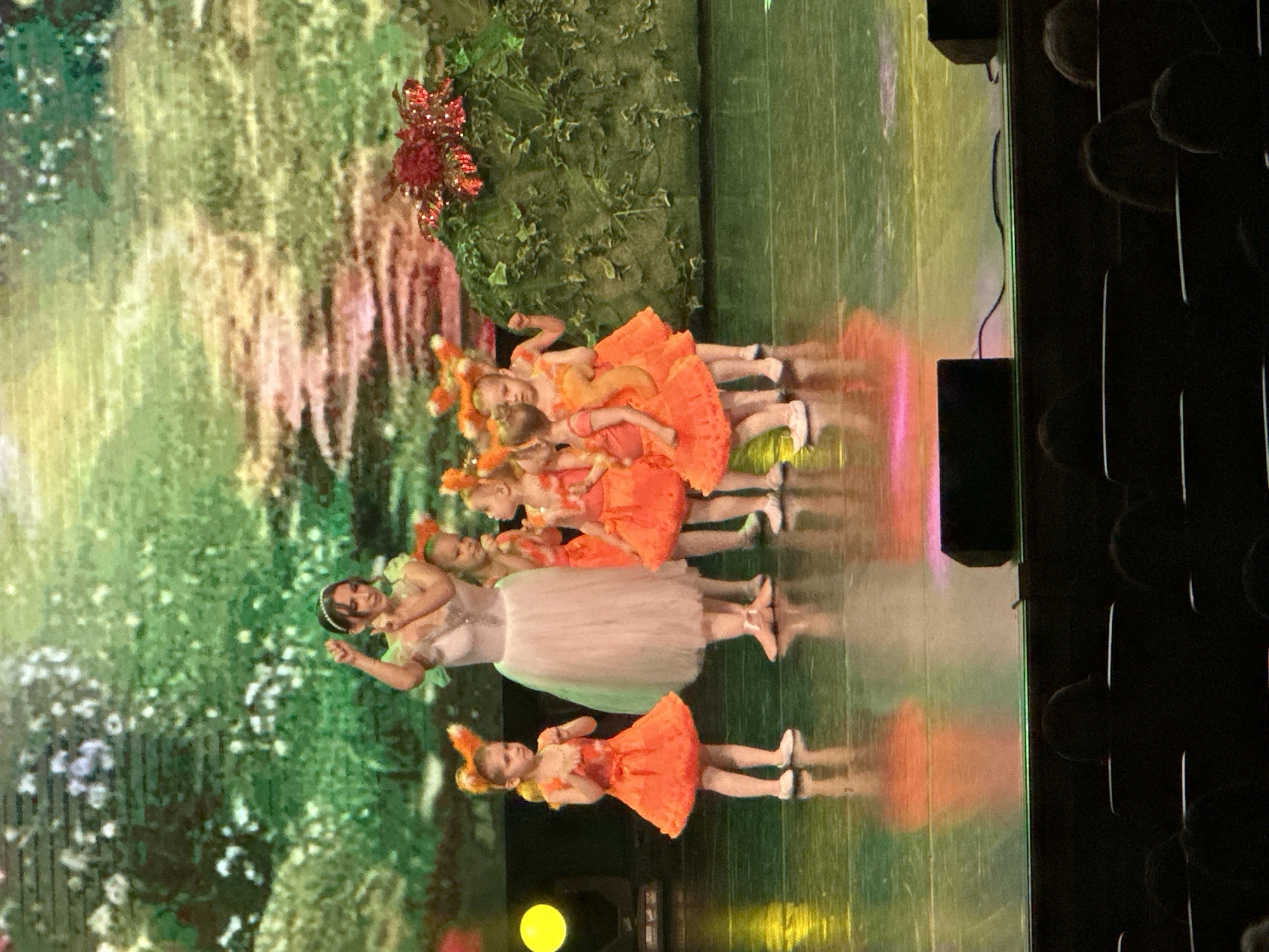 The image depicts a stage performance in an auditorium, likely in Khabarovsk, Russia, viewed from the audience. On stage, an adult female dancer, appearing to be in her late 20s to early 30s, stands centrally. She wears a white ballet-style dress with a full tulle skirt and light-colored accents, along with ballet slippers and a headband. Her arms are raised and bent at the elbows, with open hands.
Surrounding her are at least six young girls, estimated between four and seven years old, dressed in bright orange, layered tulle dresses, white ballet slippers, and fox ear headbands. One girl on the far left mimics the adult's arm position. Another girl to the right of the adult holds a large, orange, S-shaped plush object.
The stage features a highly reflective, dark floor showing colorful light reflections in green, yellow, and orange. The backdrop is a large screen displaying a digitally projected scene of a lush green forest or garden with scattered white and light-colored flowers and a winding path. On the right side of the stage, a dark green, textured mound-like prop, adorned with bright red, shimmering decorative elements, is present. On the left side, a yellow stage light fixture is visible, casting a distinct yellow reflection on the stage floor. Two dark, rectangular stage monitor speakers are positioned at the front edge of the stage, separated by a dark cable.
The foreground of the image reveals the darkened silhouettes of audience members seated in rows, indicating the perspective from the auditorium seats.
