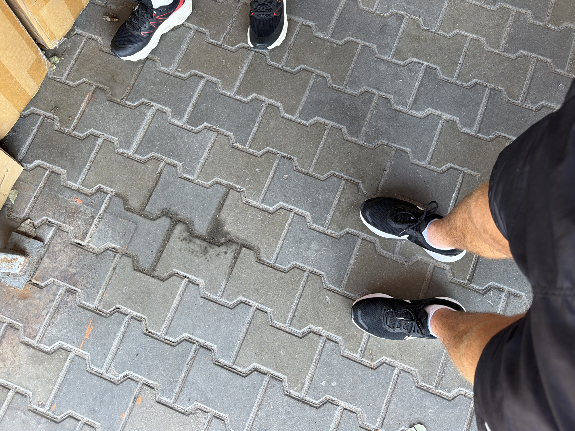 The image shows a top-down view of a person's legs and feet standing on a patterned grey paver sidewalk. The pavers are interlocking and have a zigzag pattern. There are other people's feet visible in the upper right and middle right of the frame, also wearing athletic shoes. The environment appears to be outdoors, with hints of cardboard boxes in the upper right corner. The scene suggests a casual setting, possibly a street or outdoor walkway in Chișinău, Moldova. The person in the foreground is wearing black shorts and black athletic shoes with white soles and accents. Their legs are tanned and show visible hair. The lighting suggests it is daytime.