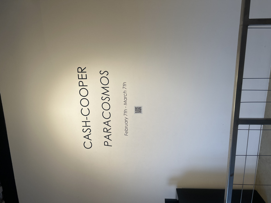 A white wall features black, vertically aligned text announcing "CASH-COOPER" over "PARACOSMOS." Below this, the exhibition dates "February 7th - March 7th" are displayed, accompanied by a QR code. The right edge of the image shows part of a metal railing with vertical and horizontal wires. Shadows are cast on the wall near the bottom.