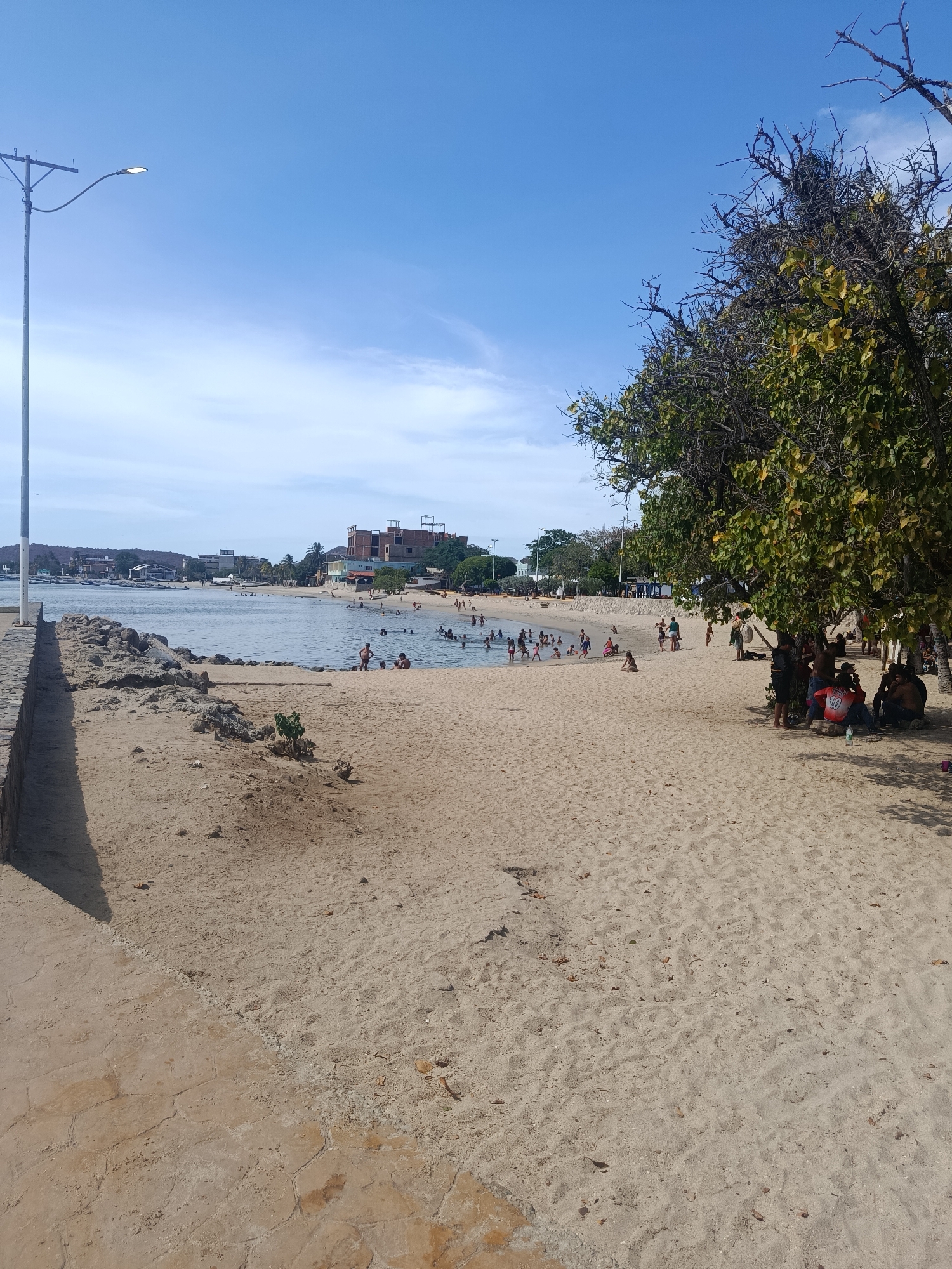 This is a daytime scene at Playa El Dique in Juan Griego, Venezuela. The view is of a sandy beach leading to a calm bay. In the water, many people are swimming and wading. Along the shoreline, people are sitting and standing. A tree with green and yellow leaves casts a shadow on the right side of the image, with a group of people clustered beneath its branches.
A stone wall and walkway are visible on the left side of the frame. A light post is next to the wall. A row of buildings is situated in the background. The sky is blue, with scattered clouds.