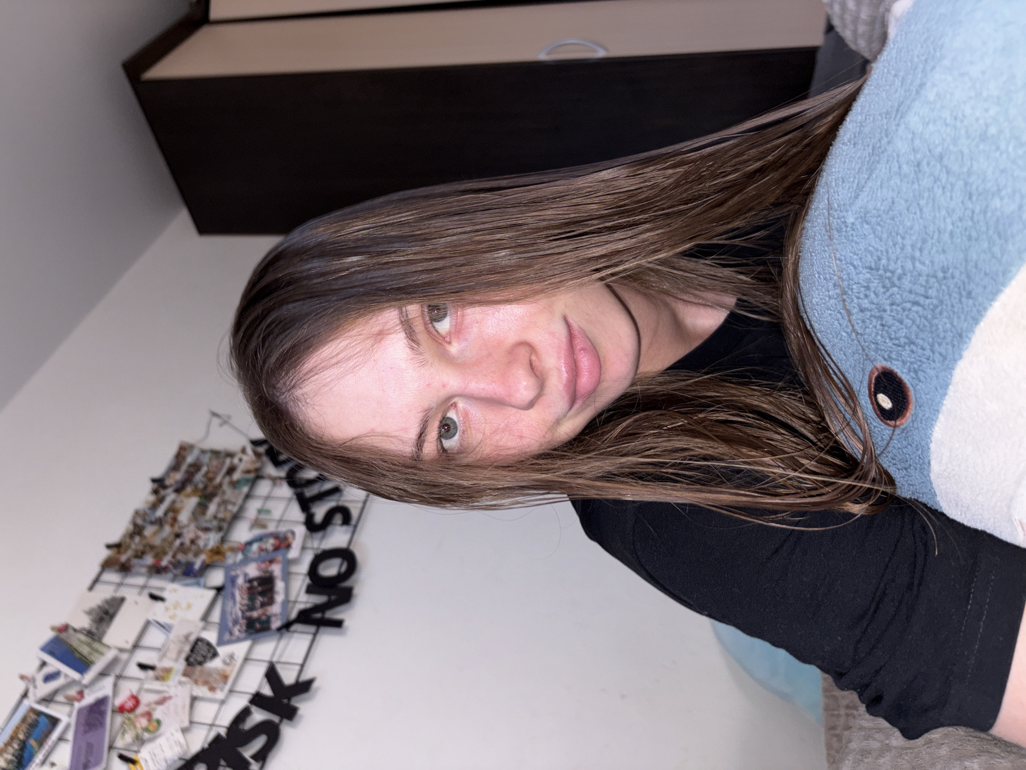 A young woman with long, brown hair is looking at the camera. She is wearing a black shirt and is holding a light blue stuffed animal. The background shows a white wall with a grid of photos and black lettering that says "RISK NO STOP". A dark closet is visible on the right side of the image. The setting appears to be a bedroom.