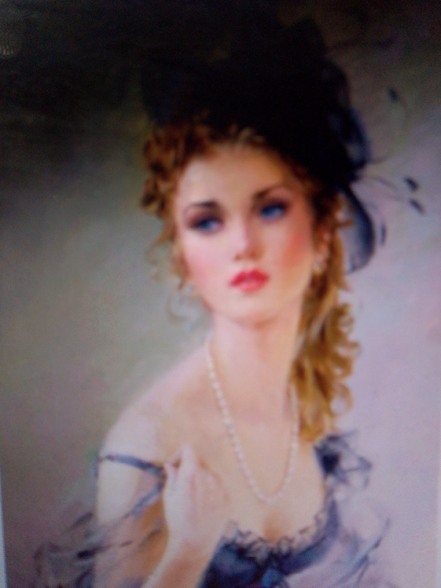 A blurred, portrait-style painting depicts a young woman with fair skin, blue eyes, and reddish-brown curly hair. She is wearing a large black hat with a feathery accent and a pearl necklace. Her lips are painted a vibrant red. She is dressed in a dark, ruffled garment. The background is dark and indistinct, with hints of lighter color on the right. The painting appears to be of an unknown subject and artist, possibly from the Victorian era. There are no discernible city locations or environmental details present.