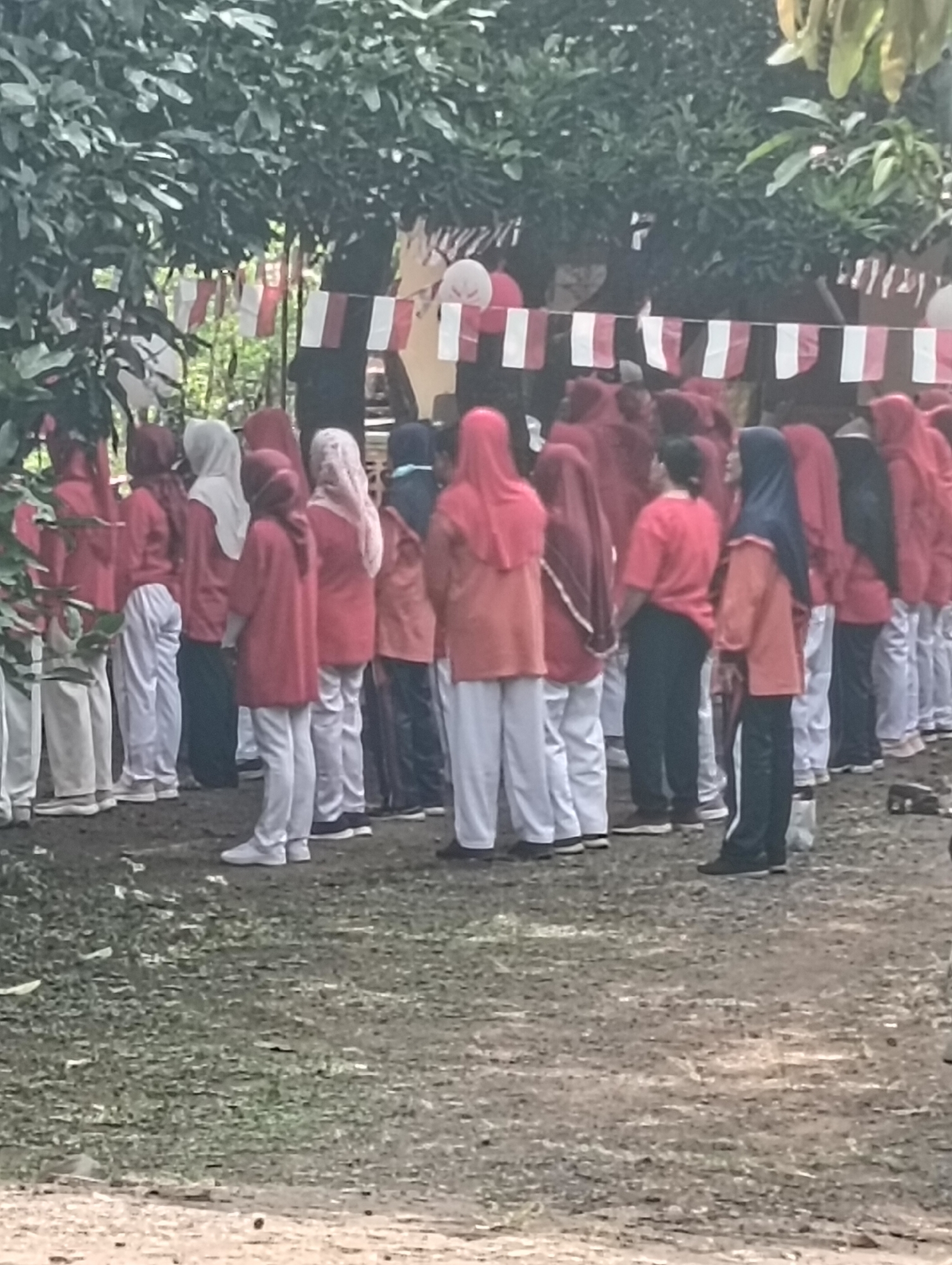 A group of individuals, primarily young people, are standing in a line outdoors. They are wearing similar red tops and white pants. Some individuals are also wearing headscarves in various colors such as red, white, and beige. The group is positioned in front of trees and foliage. In the background, there are banners with alternating red and white stripes, suggesting a celebratory or national event. The ground appears to be dirt or gravel. The image is blurry and lacks clear detail, making it difficult to ascertain specific actions or interactions between individuals. The context provided about Cluwak, Indonesia, places this scene within a specific geographical location.