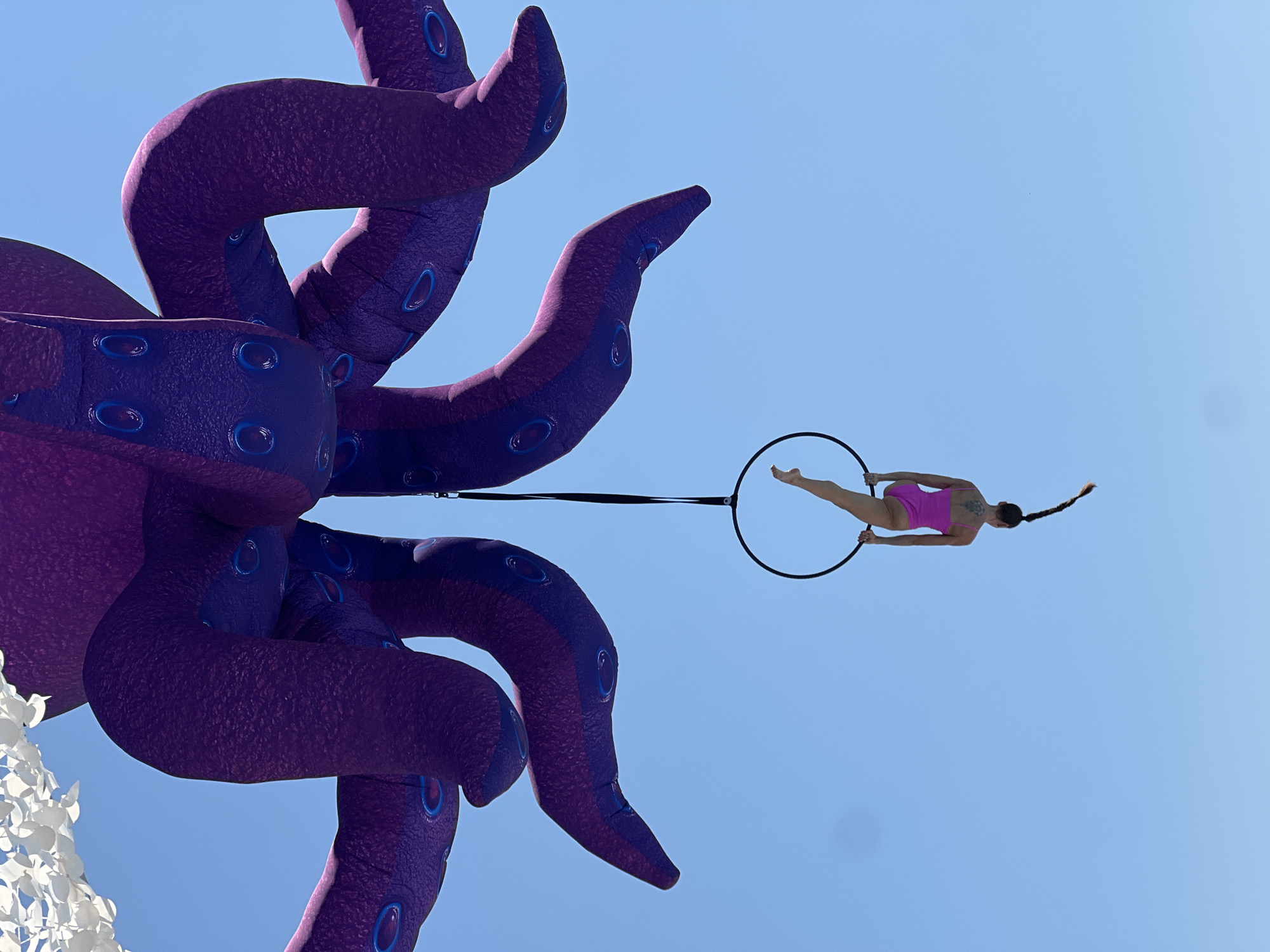 An aerial performer in a pink leotard is suspended upside down from a hoop against a clear blue sky. The performer's legs are extended, and their arms are holding onto the hoop. A large, inflatable purple octopus with blue suckers hangs above the performer, its tentacles spread out. White decorative elements are visible in the upper left corner of the image, partially obscuring the top of the octopus. The scene appears to be outdoors, likely in a public space given the large inflatable structure. The setting is not specific to any known city.