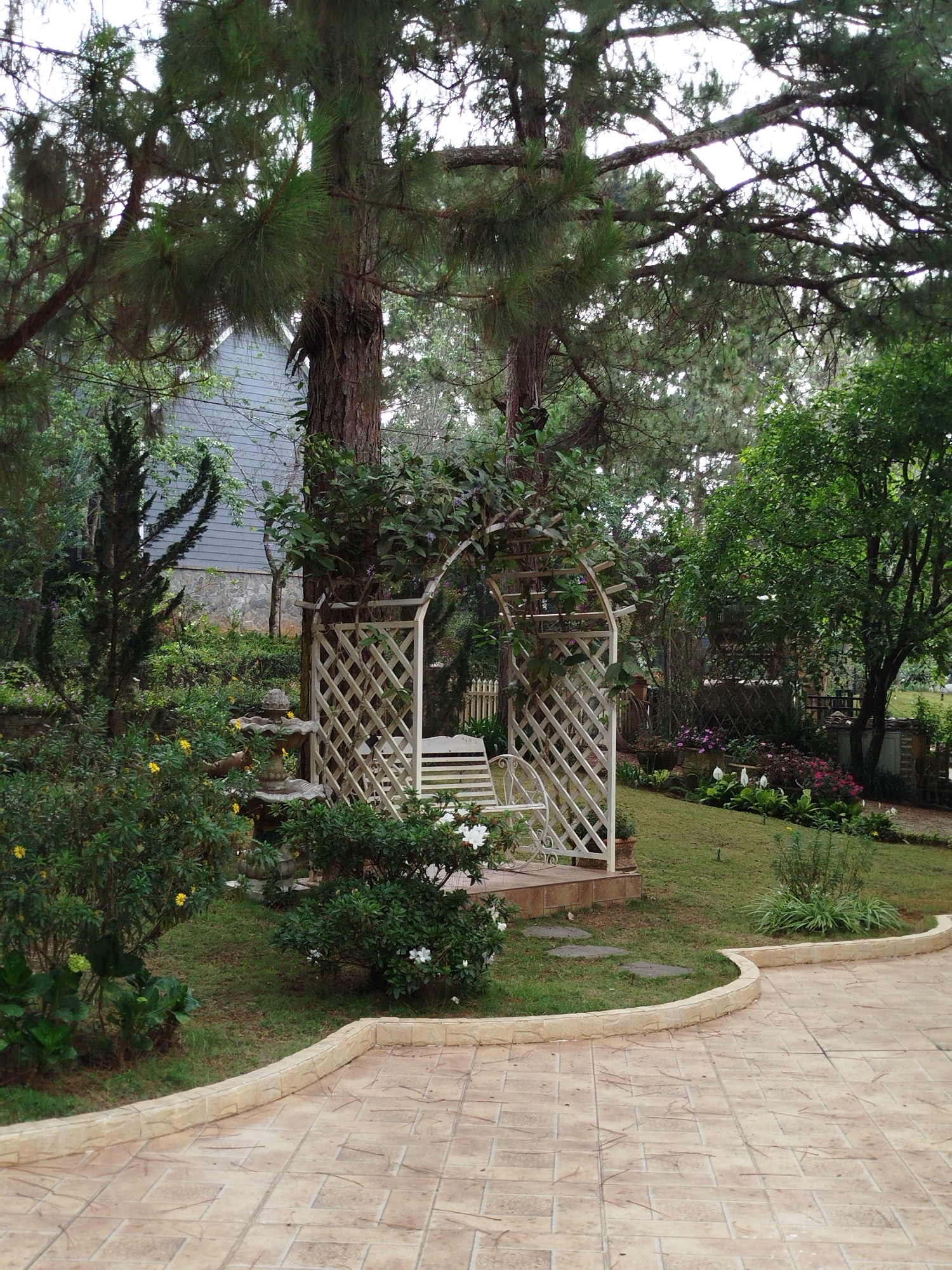 The image depicts a garden scene in Da Lat, Vietnam. A white trellis archway stands with a white bench beneath it, nestled between two mature trees. The archway is partially covered in climbing greenery. The garden features a tiered fountain, various shrubs, and flowering plants. A paved area with stone tiles borders the garden, suggesting a pathway. A house is visible in the background, partially obscured by the trees. The overall atmosphere is serene and well-maintained.