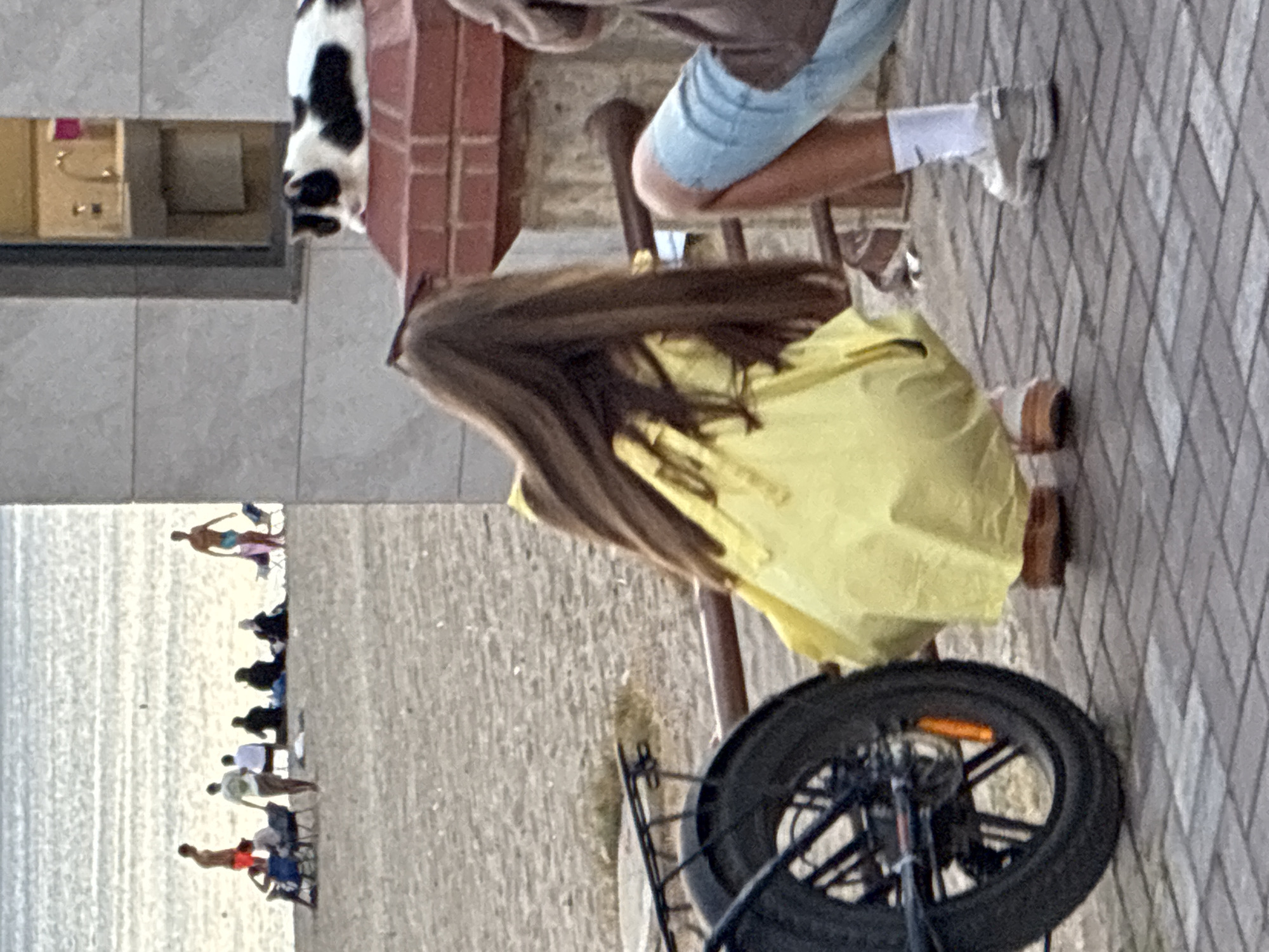 The image captures a scene at what appears to be a beach or promenade. In the foreground, a person wearing a yellow dress is crouching down, their long brown hair obscuring their face. To the right, the wheel of a bicycle is prominently visible. In the background, a group of people are seated or standing on the sand, some appearing to be in beach chairs. One individual is standing further back on the sand wearing swim trunks. The overall lighting suggests it is daytime, possibly late afternoon or early evening due to the warm tones. The paving stones in the foreground and the sandy area in the background indicate an outdoor setting. A black and white cat is visible at the top of the image, perched near a brick structure. There is no visible text in the image. The setting and attire of the people suggest a casual, leisurely activity, likely at a tourist destination given the Alanya, Turkey context. The mood seems relaxed and informal.