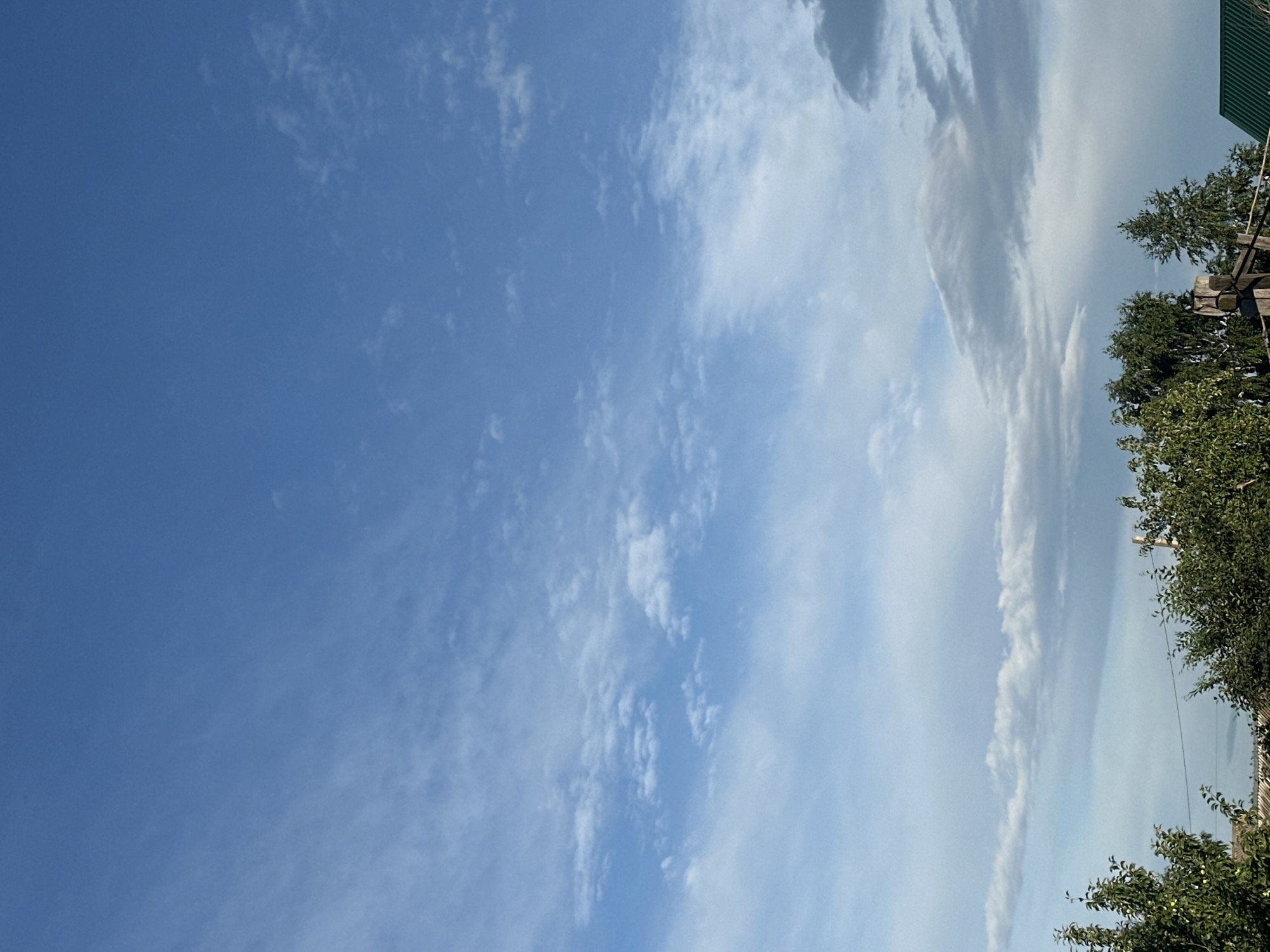The media file shows a bright, clear blue sky with scattered, wispy white clouds. The image is oriented vertically, with the sky occupying the majority of the frame. On the right side of the image, a section of lush green trees is visible, with some branches extending into the lower part of the frame. Above the trees, there is a glimpse of a structure with a green, corrugated roof and wooden posts, suggesting a built environment. A thin, light-colored power line is also visible running through the trees. The clouds are more dense and elongated towards the right side of the sky, appearing somewhat hazy. The overall impression is a sunny day with pleasant weather, likely mid-morning or early afternoon given the brightness of the sky. No people or specific activities are depicted, making it a landscape-focused image. The location context is Tobyl, Kazakhstan.