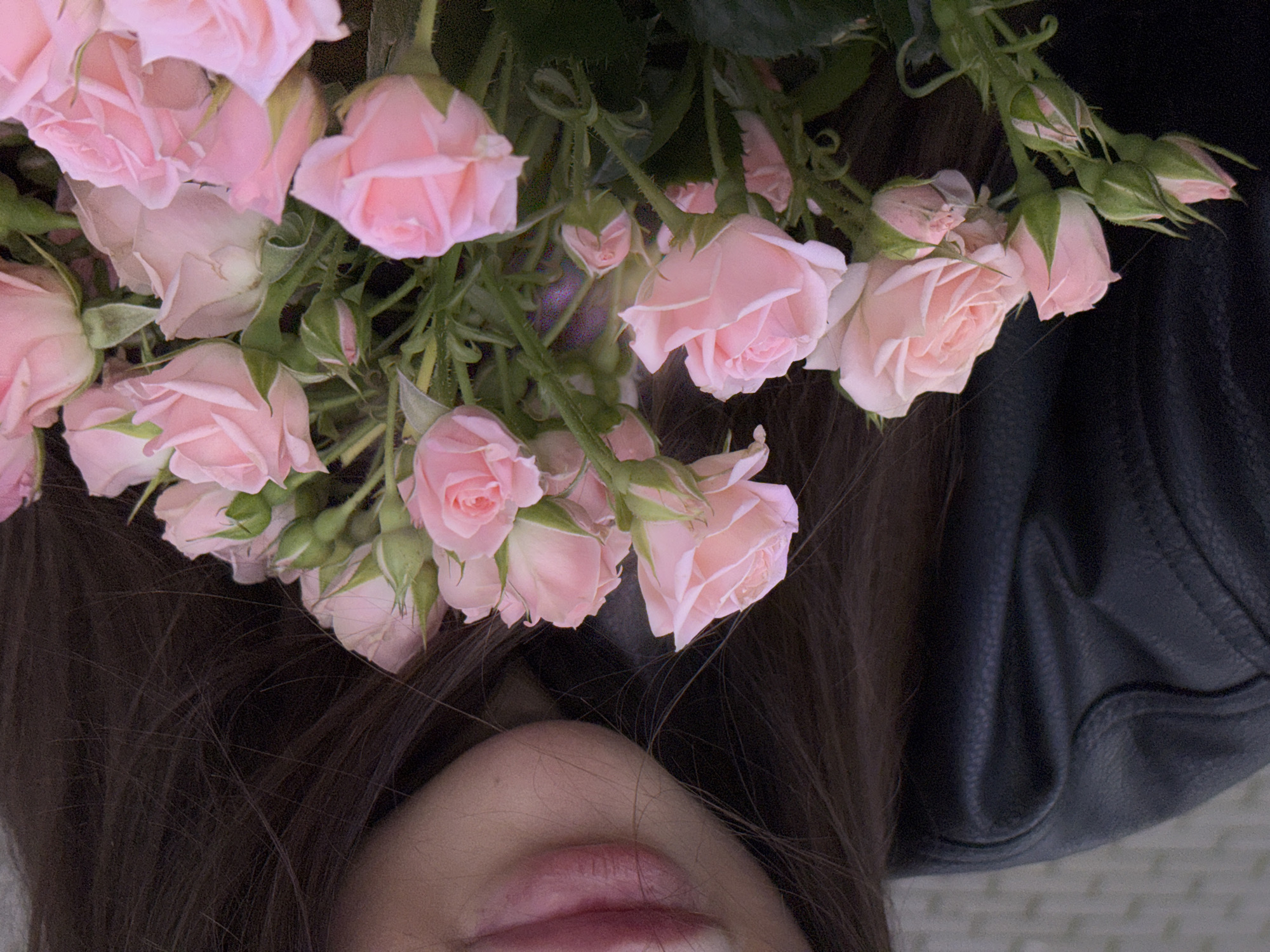 This close-up, top-down photograph captures a person partially obscured by a lavish bouquet of light pink miniature roses. The subject's dark brown hair flows across the lower left and central sections of the frame, with only their lower face—featuring soft, slightly parted lips and chin—visible at the very bottom. This suggests a gentle, serene expression.
The majority of the image is dominated by numerous delicate pink roses, ranging from tightly closed buds to full blossoms, intertwined with green foliage and thorny stems. These flowers are positioned above or around the person's head, creating an intimate and romantic aesthetic. To the right, a dark, textured material consistent with black leather, possibly a jacket, adds a contrasting element to the soft petals and hair. A faint hint of a lighter, patterned surface is visible at the bottom right.
The scene conveys a sense of tenderness and appreciation, possibly a moment of quiet contemplation or a posed shot with the flowers. The lighting appears soft and diffused, not suggesting a specific time of day but rather an indoor or shaded outdoor setting. The image was taken in Chaikovsky, Russia. No visible text is present.