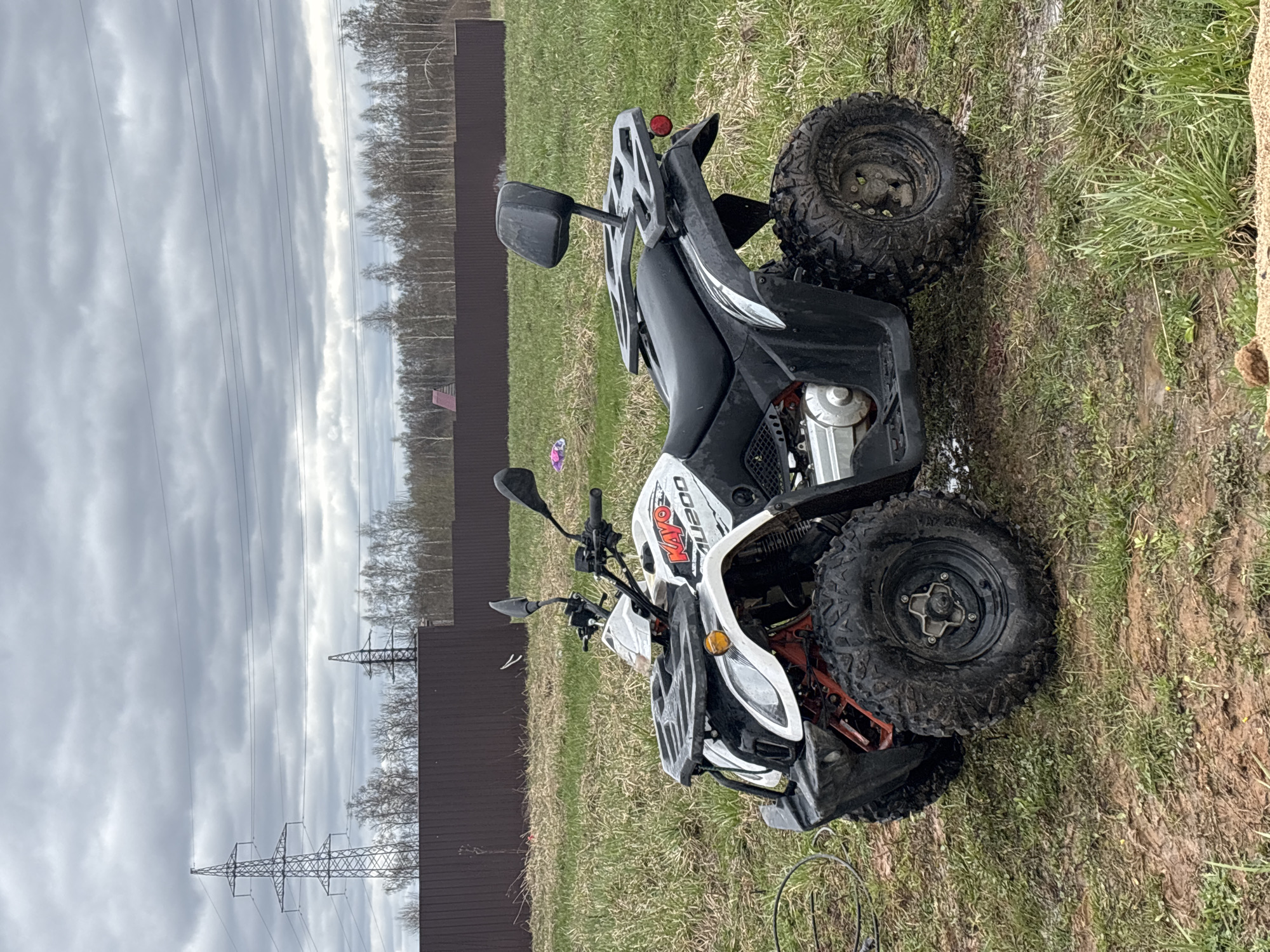 An all-terrain vehicle (ATV) is parked on a patch of grassy and muddy ground. The ATV is predominantly black and white, featuring red accents on its frame and a visible red taillight. Its rugged tires are caked with mud, suggesting recent use in damp conditions. Text on the side of the vehicle clearly displays "KAYO" and "AU200", identifying its brand and model. It is equipped with handlebars, rearview mirrors, and both front and rear utility racks.
The setting is an outdoor, rural or semi-rural landscape, consistent with Razdolye, Russia. A long, dark brown fence spans the background, separating the grassy foreground from a line of trees with sparse or bare foliage, indicating late autumn, winter, or early spring. Several power lines stretch across the sky, supported by two prominent metal lattice transmission towers in the distance. The sky is overcast with thick, grey clouds, characteristic of a cloudy daytime. The ground beneath the ATV is uneven, a mix of green grass and dark, wet earth, implying damp weather or recent precipitation. No people are visible in the image.
