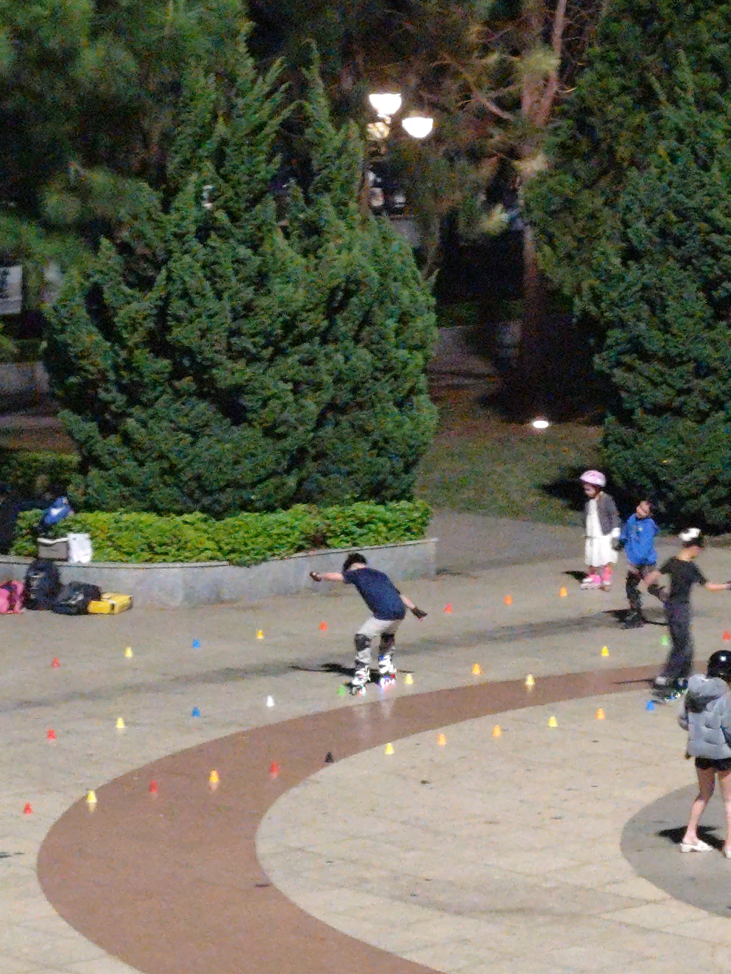The image shows a group of people roller skating in a public square at night. The square is decorated with a circular track outlined by brown stones and small colored cones.
Several individuals are actively roller skating through the cones. There is a person with knee pads and gloves skating towards the left side of the image. Another person wearing a helmet and puffer jacket is shown skating on the right side.
Two young girls can be seen standing nearby. One is wearing a pink helmet, and the other is wearing a blue jacket.
In the background, there are several large coniferous trees, street lamps, and some buildings in the distance. There are bags and some gear on the ground next to the bushes.
Based on the architectural style, plants, and layout, this scene likely occurs in the city of Da Lat, Vietnam.
