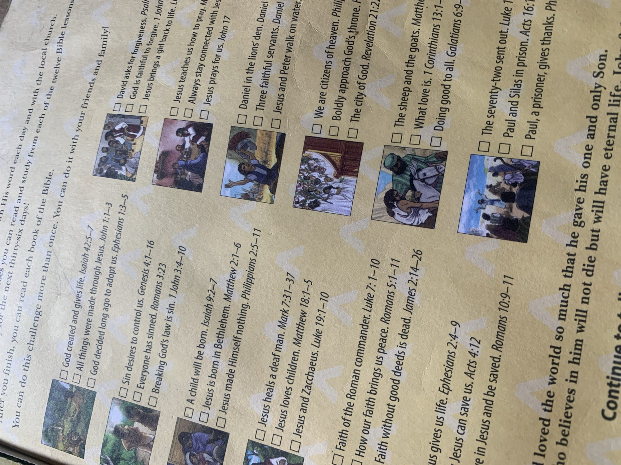 The image shows a checklist with Bible verses and corresponding illustrations. The checklist items are presented as checkboxes next to Bible verses and short descriptions of biblical events. The illustrations depict scenes from the Bible, such as Adam and Eve, Daniel in the lions' den, and Jesus teaching. The text indicates a reading challenge or study plan related to the Bible. The page is yellowed and appears to be from a book or pamphlet. There is no visible indication of a specific city, including Jauro Yinu, Nigeria, nor any information that would allow for forensic analysis of a scene in that location. The content is purely textual and illustrative related to religious study.