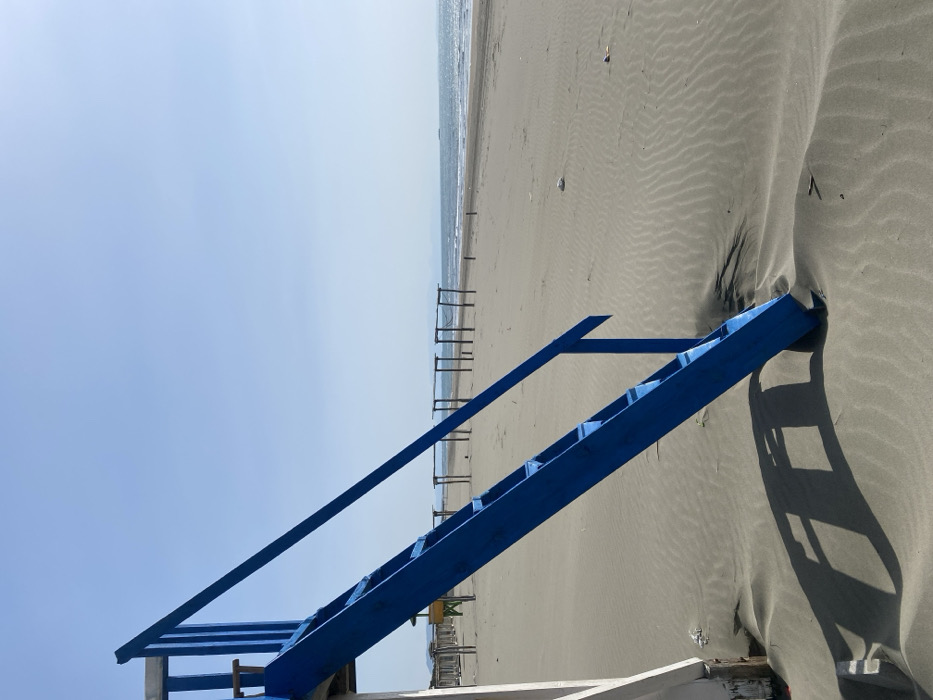 The image displays a sunlit, sandy beach located in Ulcinj, Montenegro. In the foreground, a prominent bright blue wooden staircase, equipped with a handrail, ascends diagonally from the lower left to the upper left of the frame. Its base is partially enveloped by light grey sand, which exhibits wind-formed ripple patterns. A sharp, elongated shadow of the staircase is cast across the sand. A portion of a white vertical support structure is visible on the far left, indicating the staircase is part of a larger, unseen platform.
The midground features numerous skeletal wooden structures, consisting of vertical poles and horizontal crossbeams, sparsely distributed across the sand toward the water. Some structures show remnants of netting or fabric. The background reveals a calm, light blue-grey sea with a discernible horizon. A dark, elongated object, possibly a distant vessel, is visible on the water near the horizon line. The sky above is clear and light blue. The beach is devoid of people, and minor pieces of debris are scattered across the sand.