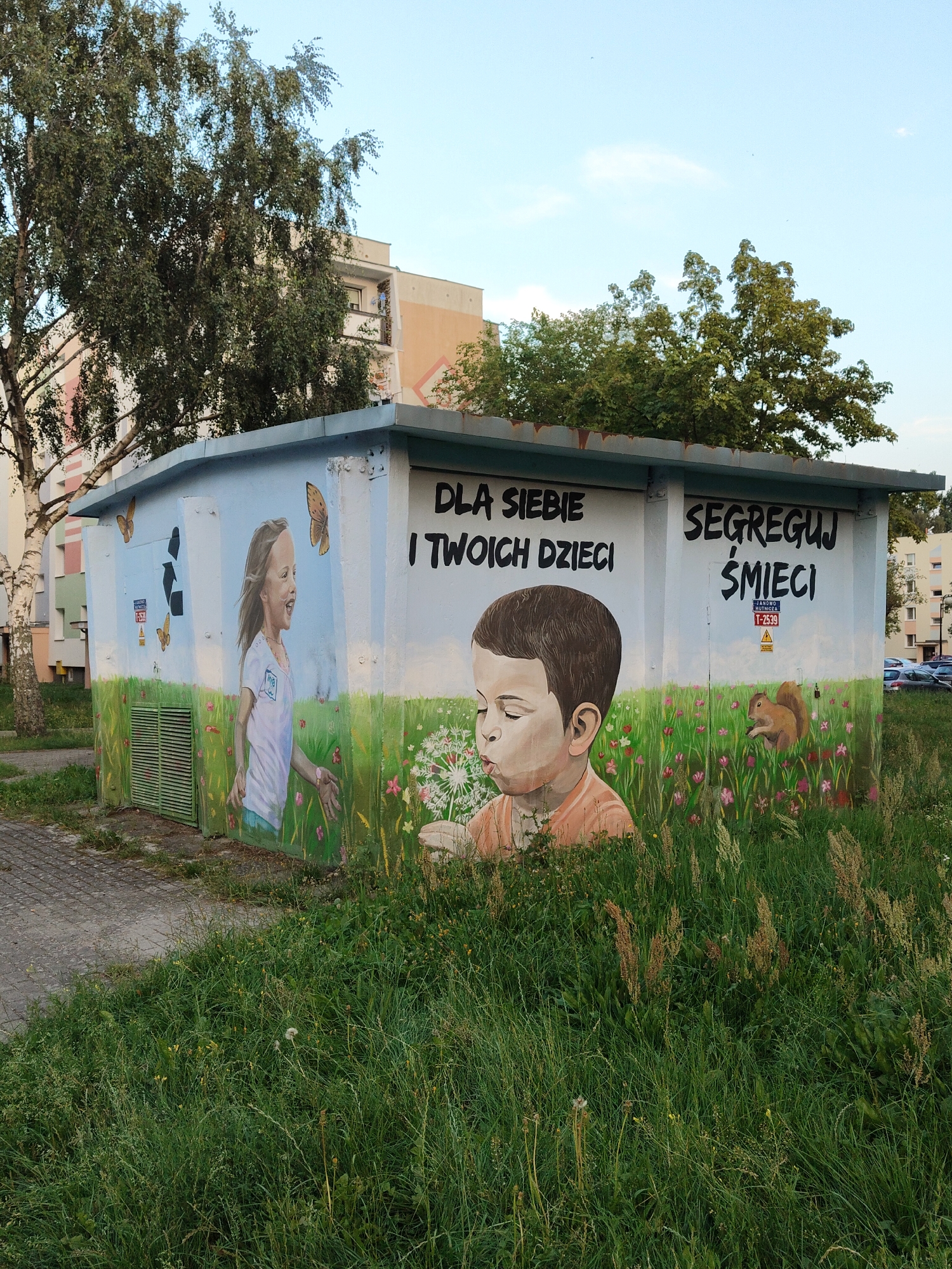 The image shows a mural painted on an outdoor electrical cabinet in the city of Rumia, Poland. The mural depicts two children and a squirrel in a grassy field with flowers. On the left side, a young girl with long blonde hair is shown from the waist up, with her mouth open as if she is laughing or speaking. She is wearing a white t-shirt and blue shorts. Several butterflies are painted around her. In the center of the mural, a young boy with short brown hair is depicted blowing on a dandelion. He is wearing an orange shirt. To the right of the boy, a squirrel is painted in the grass, appearing to eat something. The mural is bordered by a green, grassy landscape at the bottom and a light blue sky at the top. Text is painted in large black letters above the figures. On the left side, the text reads "DLA SIEBIE I TWOICH DZIECI," which translates to "For yourself and your children." On the right side, the text reads "SEGREGUJ ŚMIEĆCI," which translates to "Segregate waste." A yellow warning sign with a lightning bolt symbol is visible below this text, indicating high voltage. The electrical cabinet is situated next to a paved walkway and surrounded by tall grass and trees. In the background, apartment buildings and parked cars are visible.