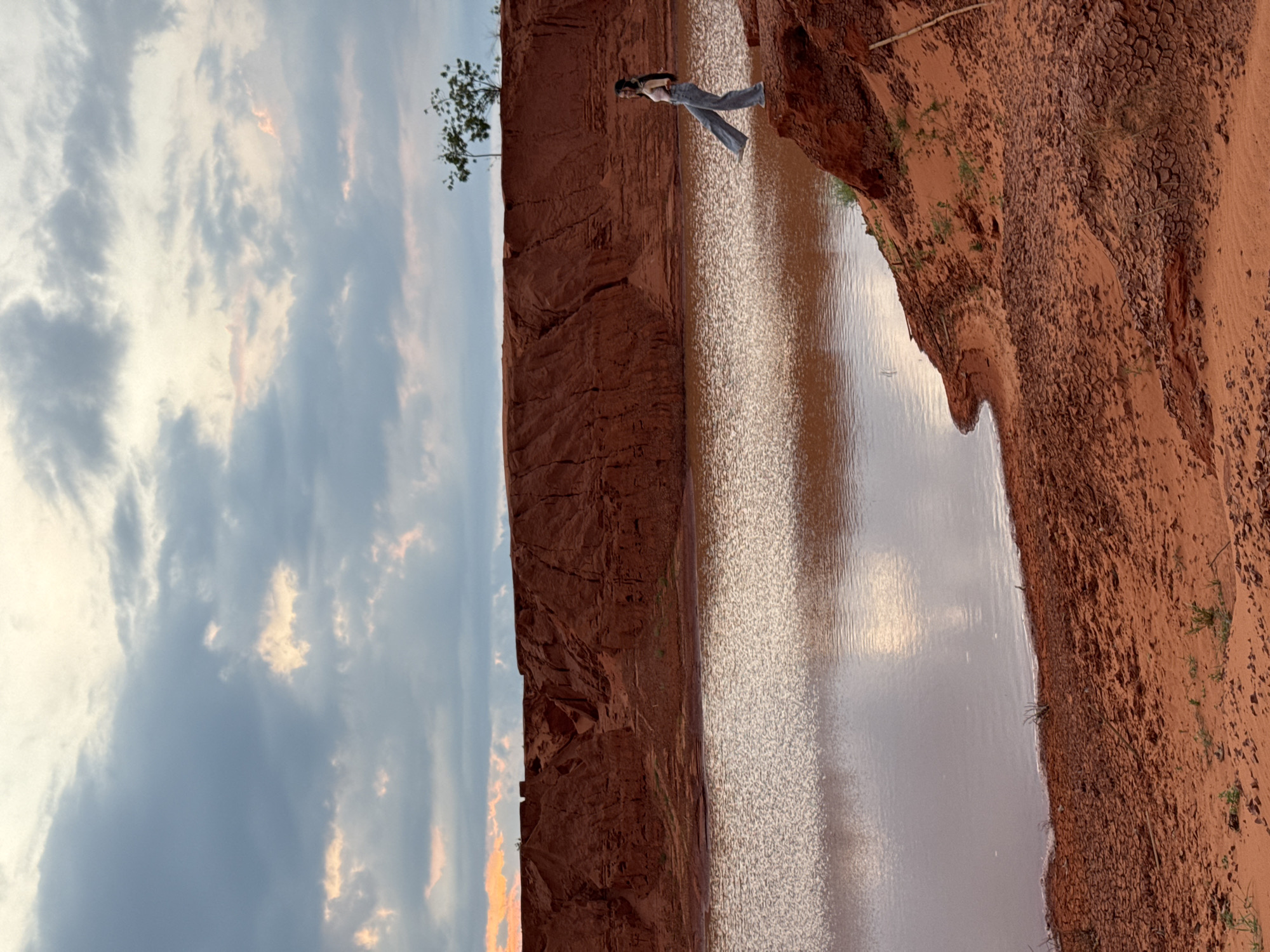 The image shows a landscape in Mũi Né, Vietnam. On the left, a reddish-brown rock formation rises vertically. The sky is visible to the left of the rock formation with clouds. A person is standing on the edge of a reddish-brown cliff overlooking a body of water. The water reflects the sky. A tree is visible on the left side of the rock formation. The surrounding environment appears arid and the ground shows signs of dryness.