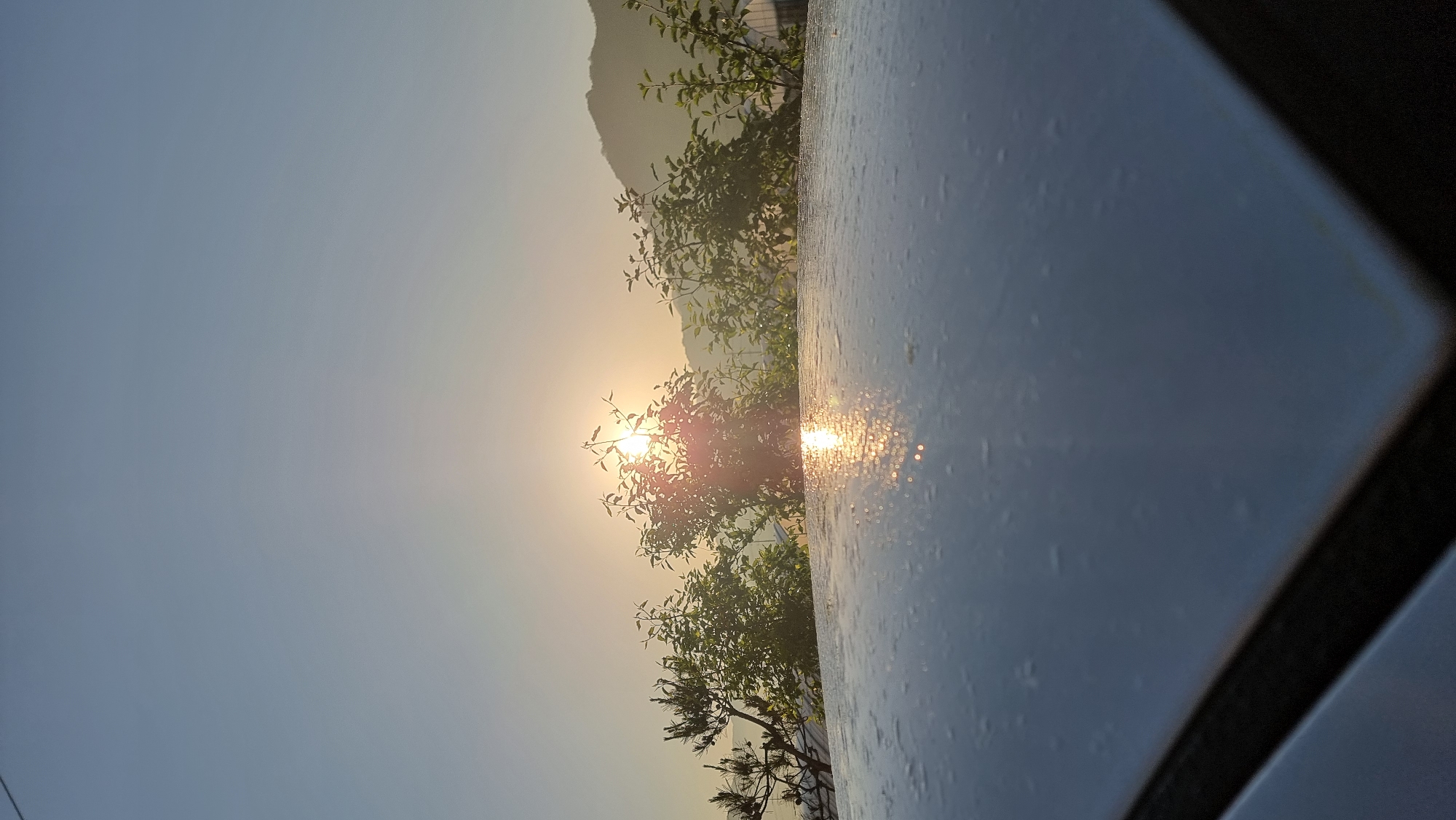 The image, likely taken in Dunnae-myeon, South Korea, shows a view towards a tree-lined area with a mountain in the background. The sun is positioned behind the trees, creating a bright glare. In the foreground, there is a reflective surface, potentially the roof of a vehicle, with water droplets on it, also reflecting the sunlight. The sky appears hazy or slightly overcast. There are no visible people or animals.