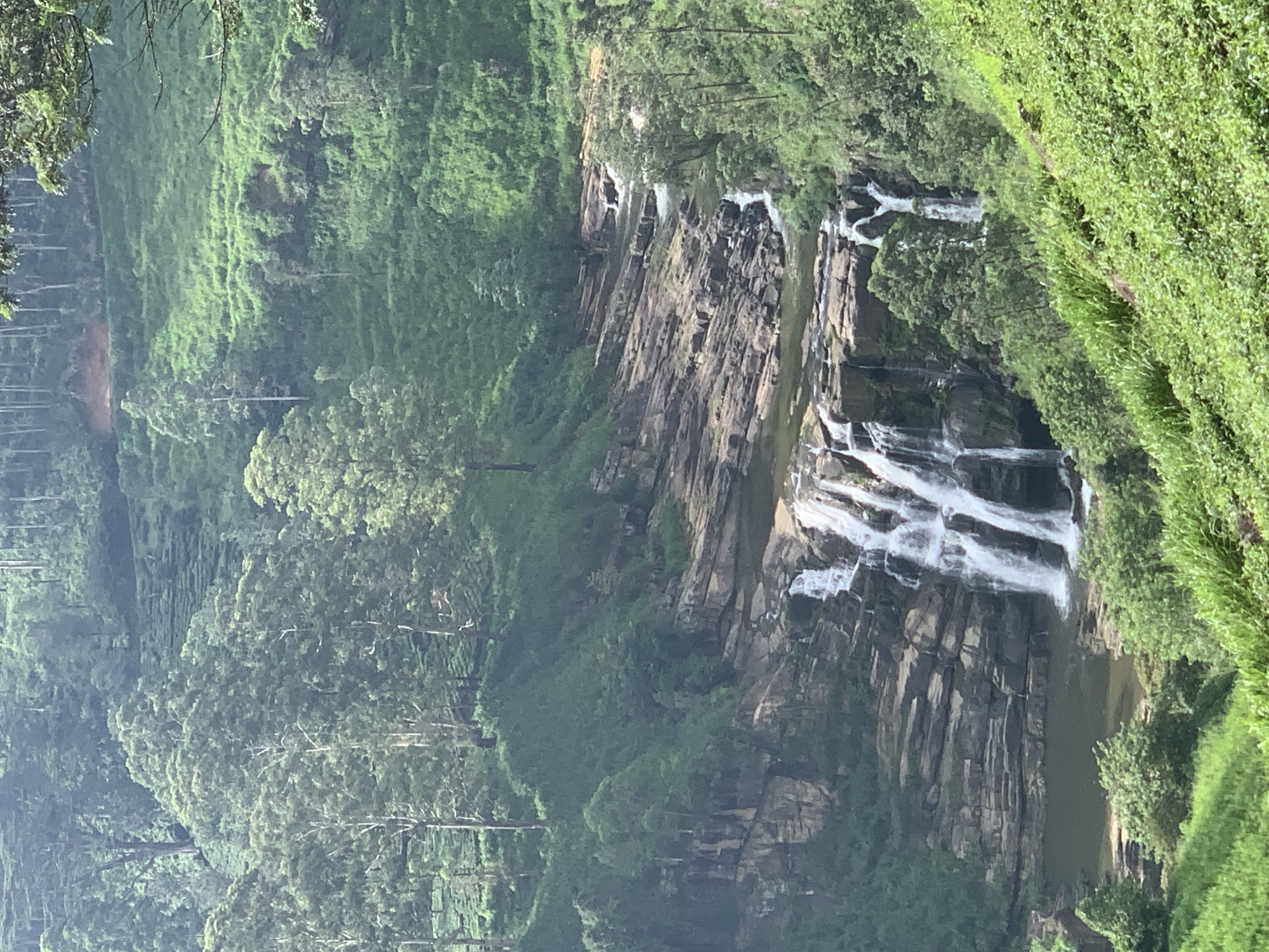 The image depicts the Devon Falls in Devon, Sri Lanka. The waterfall cascades down a rocky cliff face, with multiple streams of white water flowing into a pool below. The surrounding landscape is lush and green, with dense vegetation and trees covering the hillsides. Tea plantations are visible in the distance on the upper slopes of the hills. The scene is captured from a viewpoint slightly above the waterfall, looking down and across. The overall impression is one of a natural, serene, and picturesque environment.
