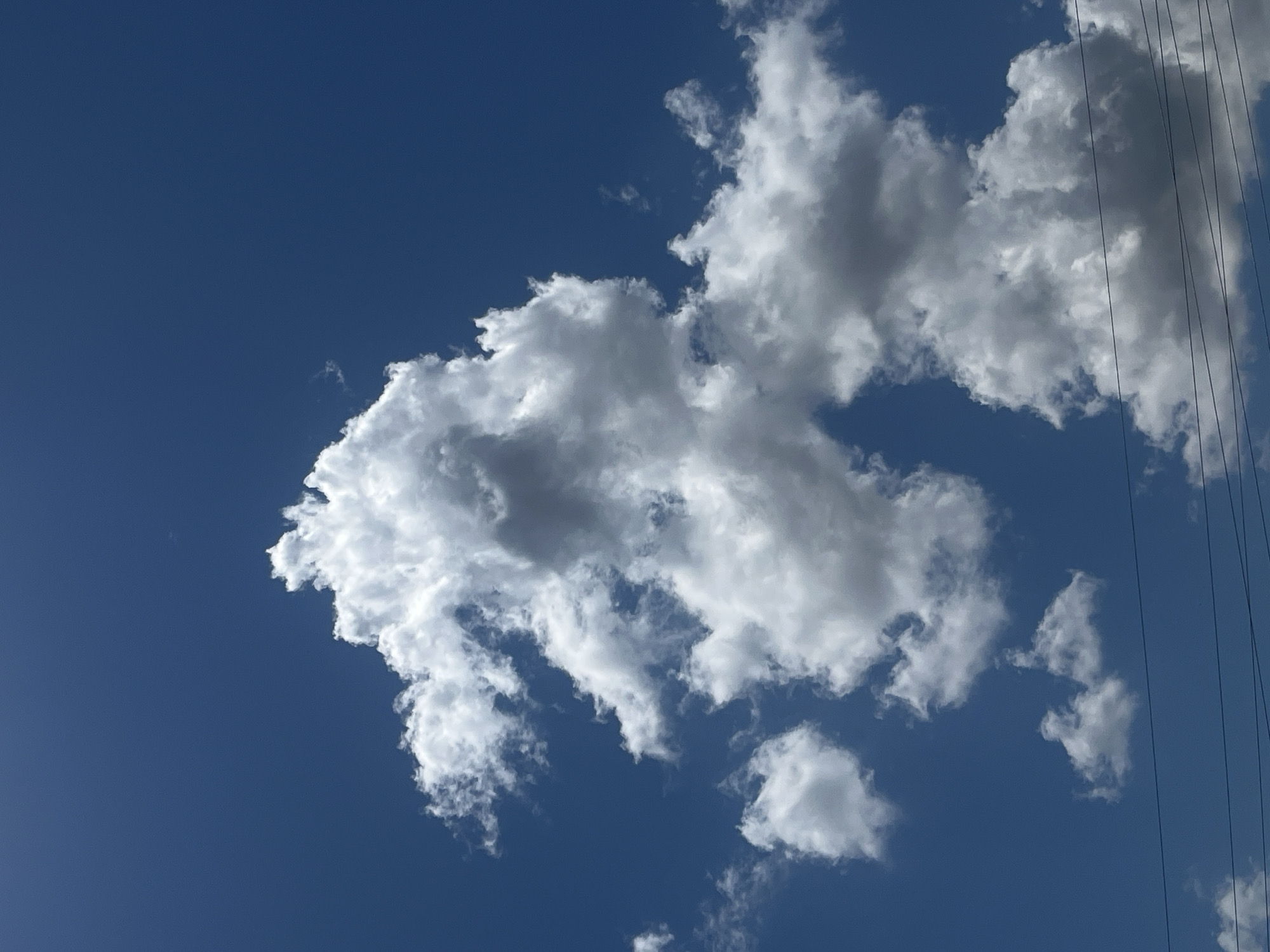 A cloudy sky with a clear blue background is pictured above Tikhoretsk, Russia. A large cumulus cloud is prominent in the center of the image, with smaller clouds scattered around it. The sun is shining, casting shadows on the clouds. A few utility wires are visible in the lower portion of the image, hinting at the presence of civilization.