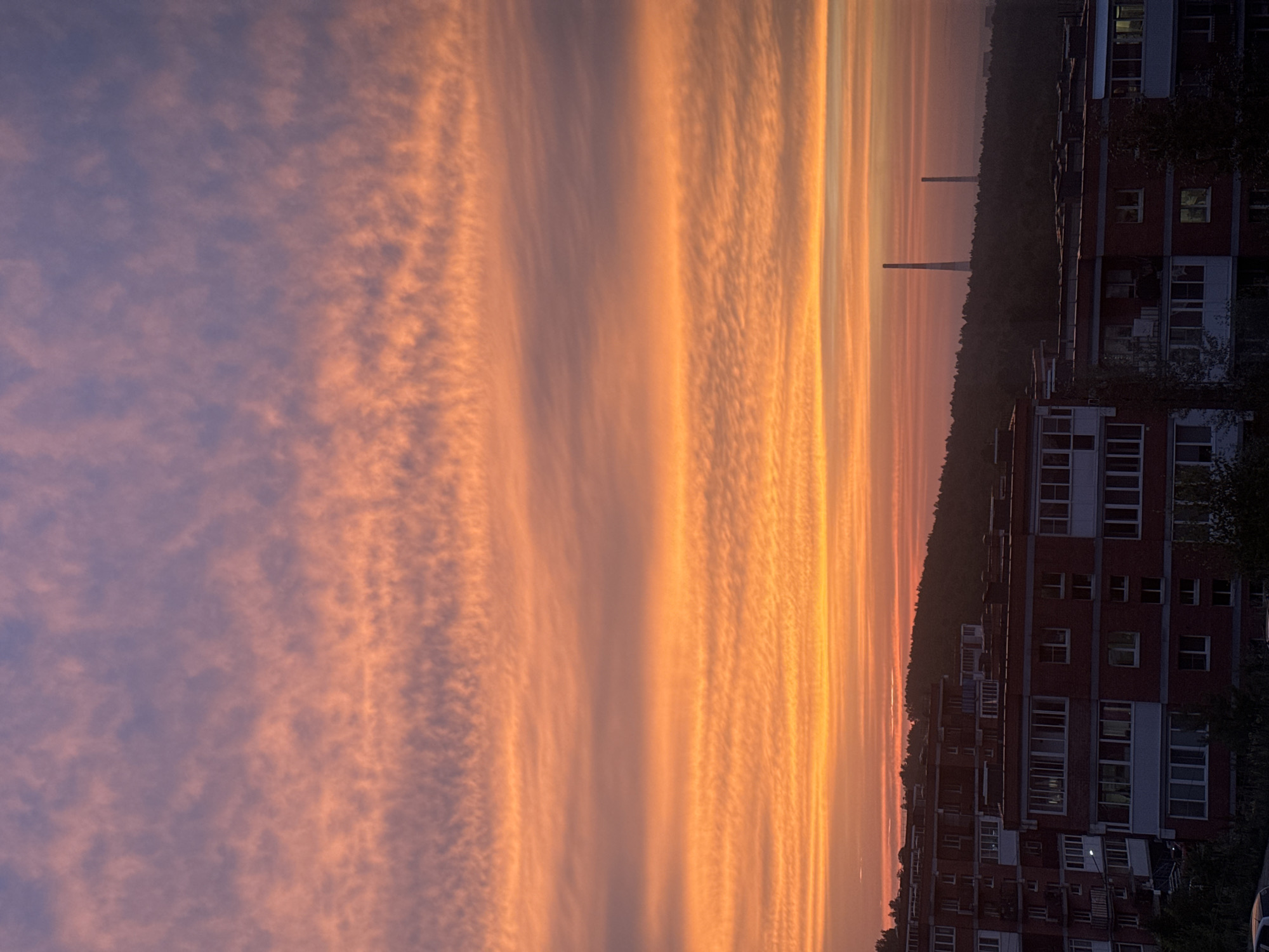 The image depicts a vibrant sunset over a residential area in Markova, Russia. The sky is a dramatic canvas of orange, pink, and purple hues, with distinct bands of clouds creating a textured, striped effect. These cloud formations are illuminated by the setting sun, casting a warm glow across the scene.
In the foreground and right side of the image, a multi-story brick apartment building is visible. The building has numerous windows, some of which are lit, suggesting that people are home. The architecture appears typical of Soviet-era or post-Soviet housing blocks. Trees and foliage are interspersed around the building, some partially obscuring its facade.
In the distance, a dark silhouette of a forest stretches across the horizon, with two tall, slender structures resembling smokestacks or industrial chimneys rising above the tree line. The contrast between the fiery sky and the dark, silhouetted landscape creates a striking visual.
The time of day is clearly sunset, given the intense colors in the sky. The weather appears clear, with no visible precipitation, allowing for the dramatic display of sunset clouds. The scene evokes a sense of peaceful transition from day to night, with the warm colors of the sunset offering a visually captivating end to the day over a typical urban or suburban environment. No visible text is present in the image.