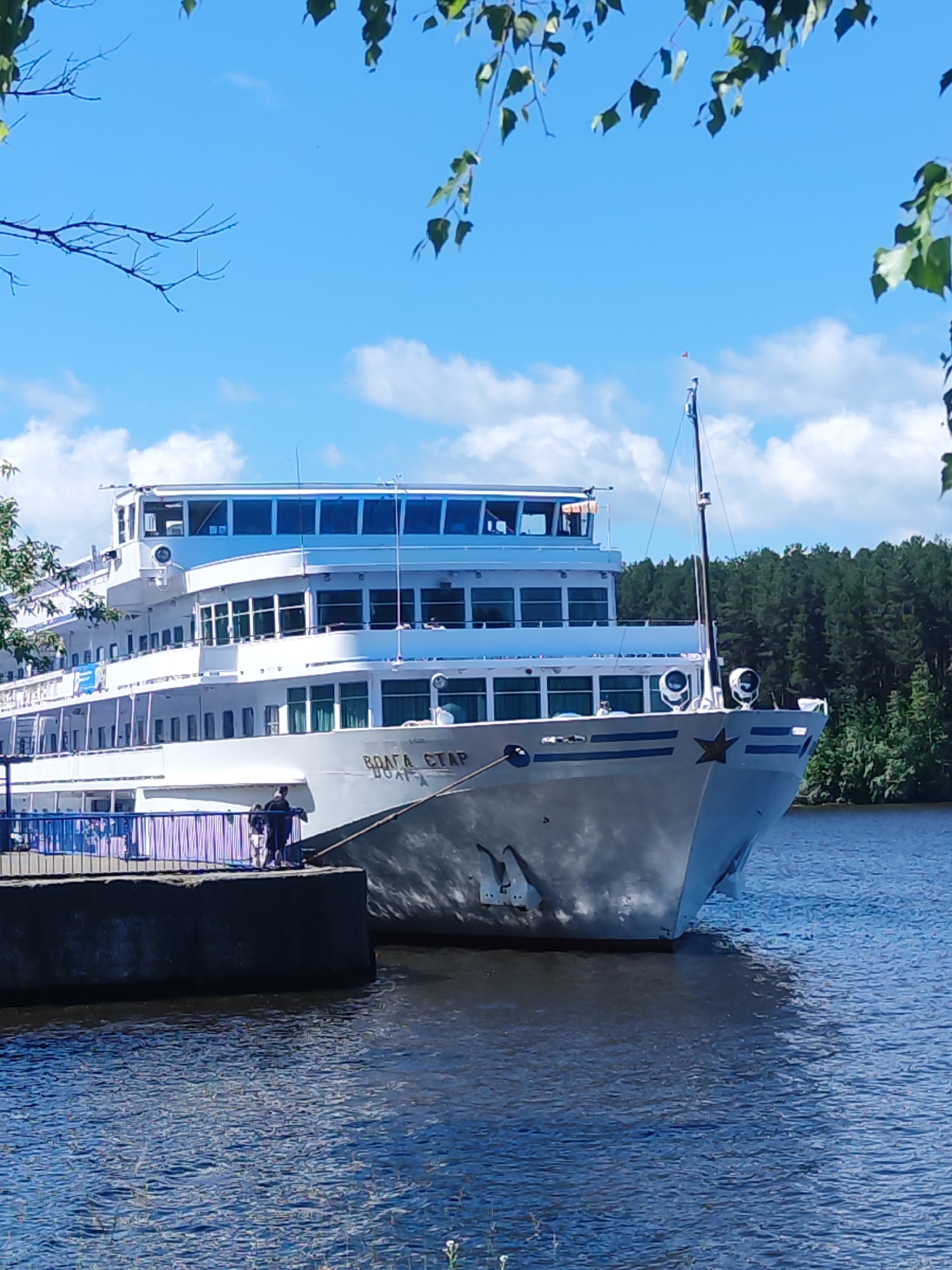 A large, white passenger ship named "VOLGA STAR" is docked at a pier on a bright, sunny day. The ship has multiple decks with rows of windows and a prominent bridge at the top. The name "VOLGA STAR" is written in gold lettering on the bow of the ship.
Two individuals are visible on the pier near the ship, one in a dark shirt and the other in a lighter colored shirt, standing next to each other. A blue railing runs along the edge of the pier. The water is a deep blue, reflecting the sky and the ship. In the background, a dense forest with tall green trees lines the horizon. The sky is a clear blue with scattered white clouds.
The image appears to have been taken from a low angle, looking up at the ship. The foliage of a tree with green leaves is visible in the foreground, partially obscuring the top of the frame. This scene likely depicts the riverfront area of Chaikovsky, Russia, a city known for its port and located on the Kama River.