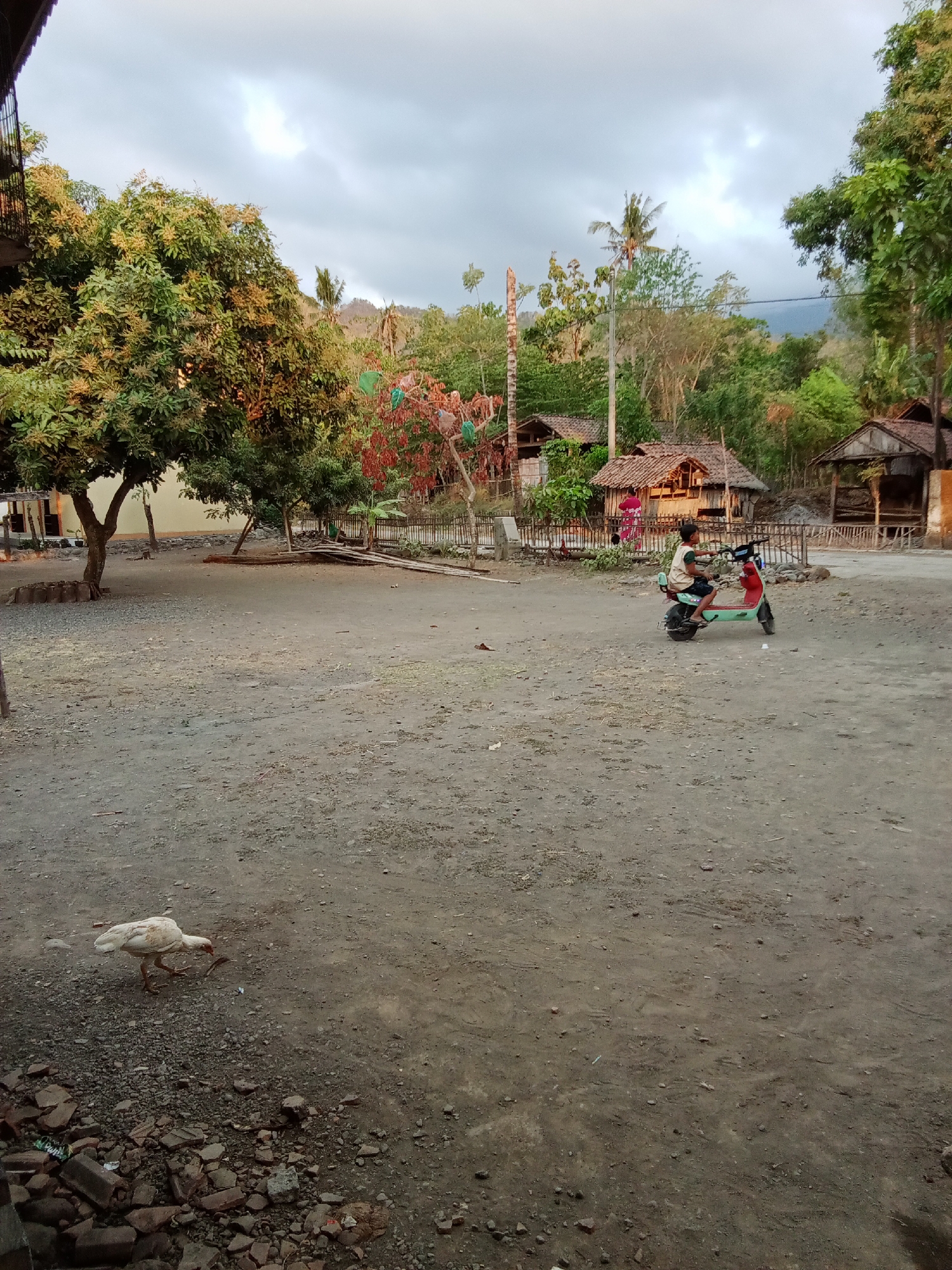A young boy rides a red and green electric scooter across a dirt yard in Selowogo, Indonesia. The boy is wearing a light-colored t-shirt and dark shorts. He is facing to the left of the frame. Behind him, a woman in a pink dress stands near a rustic wooden building with a thatched roof. Several similar buildings are visible in the background, surrounded by lush green trees and vegetation. In the foreground, a white chicken pecks at the ground near a pile of bricks. The sky is overcast. The scene appears to be a rural or semi-rural village setting.