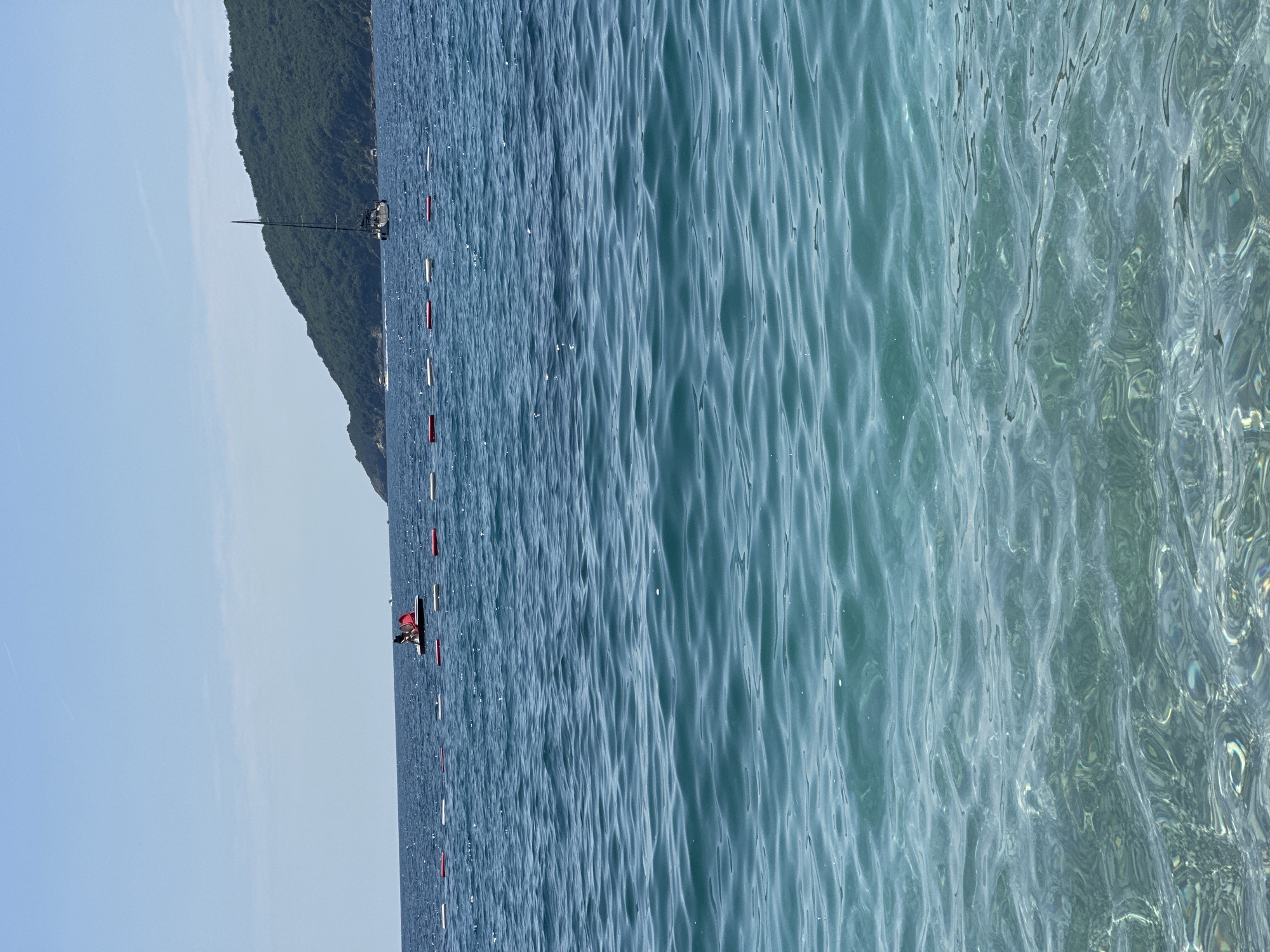 The image shows a coastline scene in Budva, Montenegro, with a clear blue sky. A body of water fills most of the frame, exhibiting wave patterns and varying shades of blue, transitioning from a darker hue towards the center to a more transparent, lighter tone closer to the viewer. A floating barrier with alternating red and white markers stretches across the water. A person is seated in a small boat near the barrier. In the background, a wooded hill or mountain rises from the water's edge. Further in the background, a sailboat is visible.