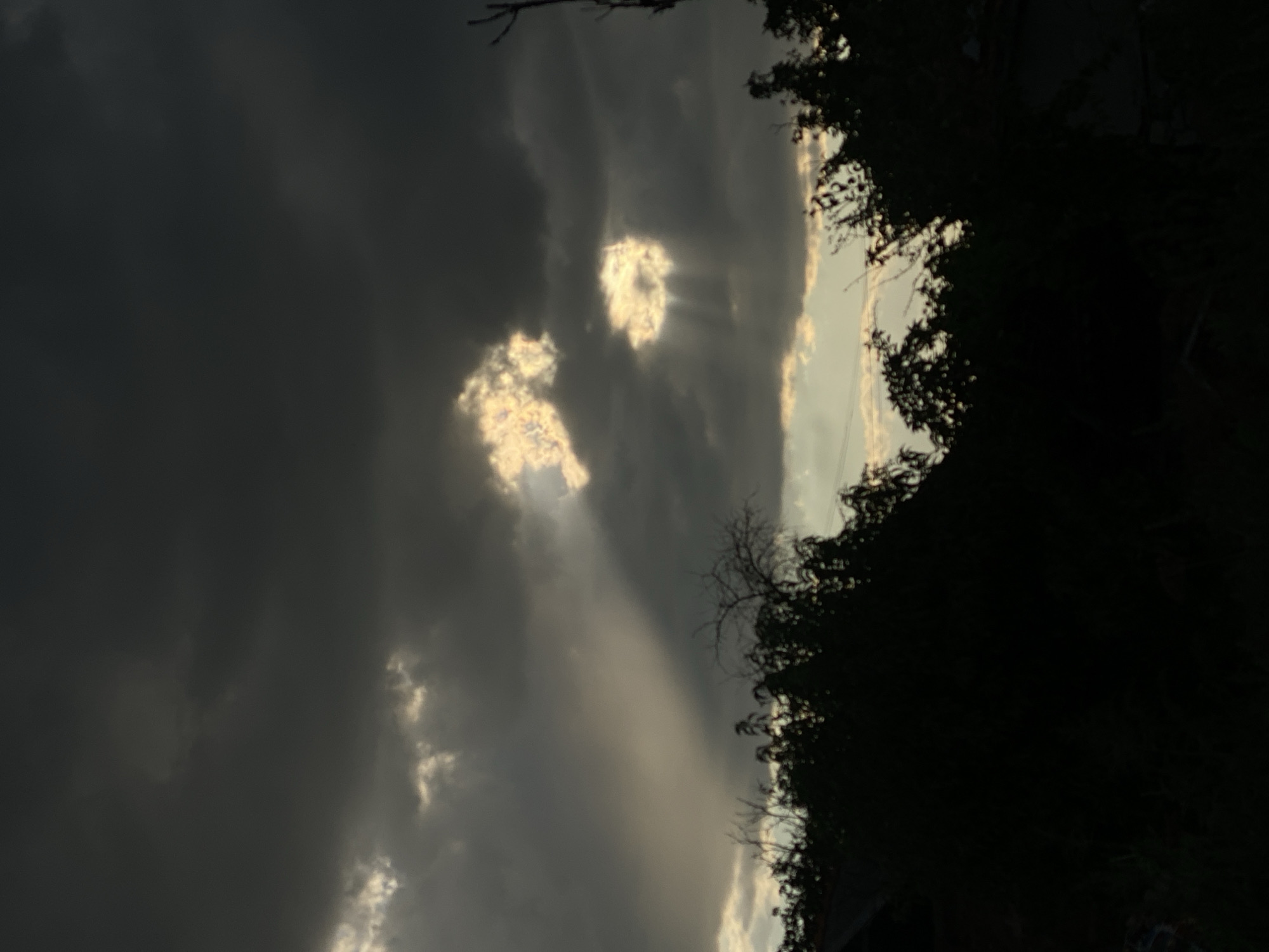 The image depicts a dark, cloudy sky with shafts of light breaking through openings in the clouds. Below the sky, silhouetted trees and foliage form a dark foreground. The scene is dimly lit, suggesting either dawn, dusk, or overcast conditions. The location is identified as Cairaclia, Moldova. There are no people or specific actions visible. The environment is natural, characterized by the sky and vegetation.