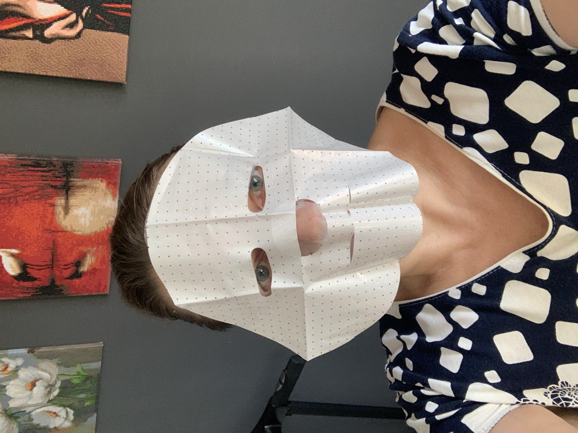 A person is shown from the chest up, wearing a white sheet mask with small dots and cutouts for the eyes and mouth. The mask covers most of their face, obscuring their features except for one visible eye and a portion of their nose and mouth. The person is wearing a dark blue and white patterned shirt. The background consists of a dark gray wall adorned with three pieces of art. The artwork on the left features white flowers, the central piece depicts a bird and water in red and black hues, and the artwork on the right is a textured, brown and beige piece with some red accents. The scene appears to be indoors, with no specific indicators of the city of Kapyĺ, Belarus.