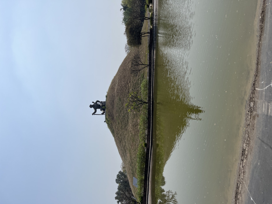 The image shows a large, grassy mound with a statue of a seated figure holding a staff on top. The mound is surrounded by a moat filled with still, green water. There are several trees in the background, and the sky is a clear blue. The image was taken in Sahibzada Ajit Singh Nagar, India, at the coordinates 30.703, 76.668. The statue is of Maharaja Ranjit Singh, a Sikh ruler in Punjab. The setting is the Maharaja Ranjit Singh's Garden, a park dedicated to the Maharaja. The ground is dusty, and the image is taken from a low angle. The image was captured under bright, sunny conditions.