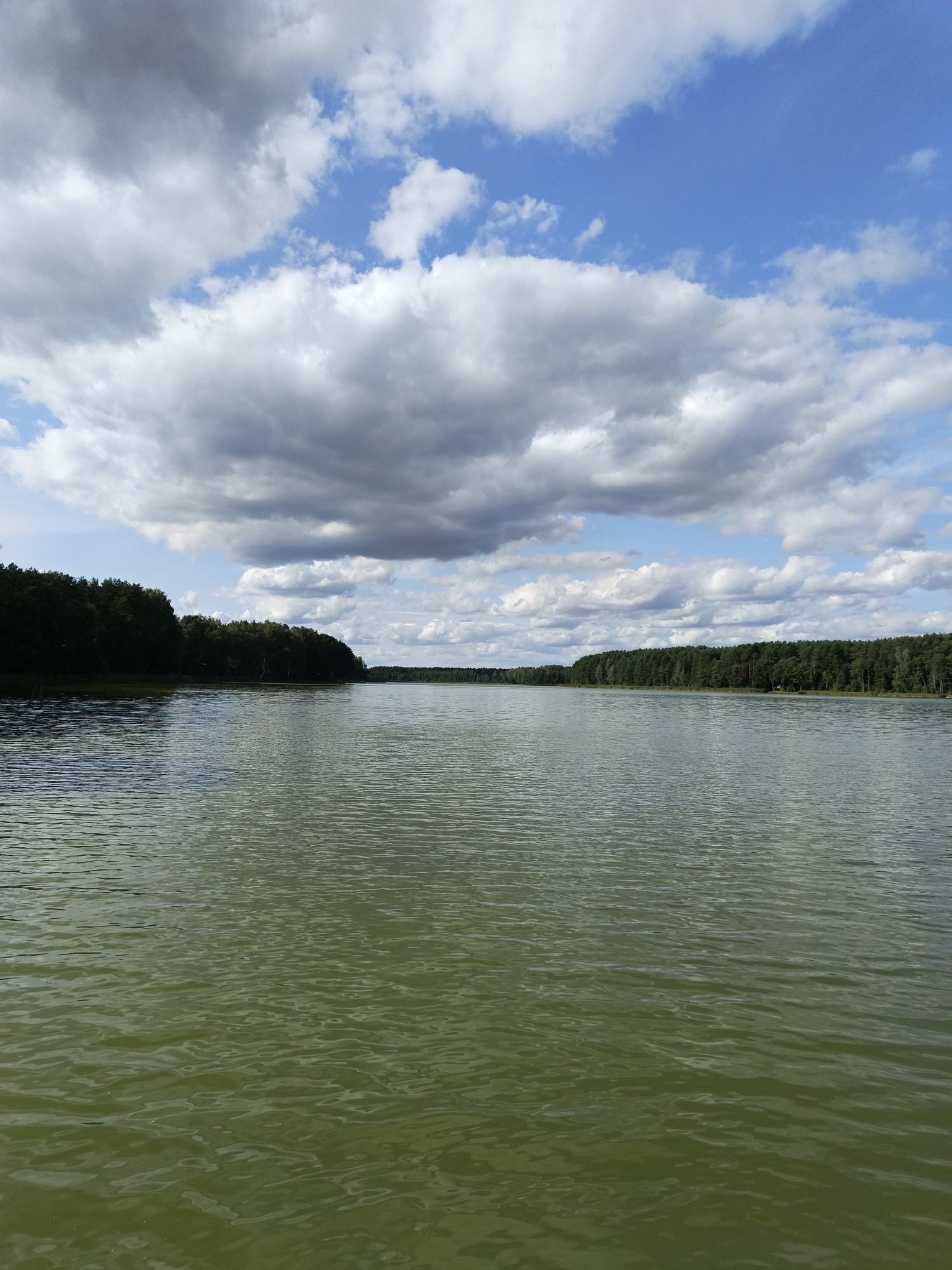 The image depicts a wide, calm lake with greenish water, extending into the distance. The shoreline on both sides is lined with dense, dark green trees. The sky above is a mix of bright blue patches and large, fluffy white and gray clouds. The scene appears to be a natural landscape, likely a park or recreational area, possibly located in the vicinity of Парэчча, Belarus, given the characteristic Belarusian landscape of lakes and forests. There are no people or man-made structures immediately visible in the frame, emphasizing the natural setting. The water exhibits gentle ripples, suggesting minimal wind. The overall impression is one of a serene and expansive natural environment under a dynamic sky.