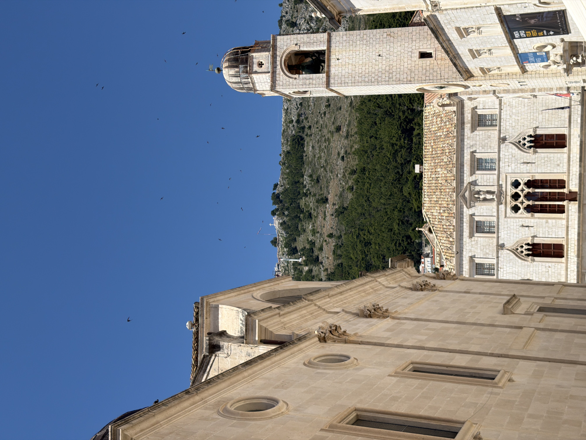The image depicts a view of the Old Town of Dubrovnik, Croatia, on a clear, sunny day. In the foreground, a light-colored stone building with arched windows and ornate detailing is visible on the left. To the right, a tall, pale stone bell tower with a domed roof stands, featuring an arched opening with a bell inside. Further to the right and behind the bell tower is another light-colored stone building with multiple windows. The background is dominated by a lush green, tree-covered hillside, with a white cross visible at its summit. Numerous small birds are flying in the clear blue sky. The overall scene conveys a sense of historical architecture and natural beauty.