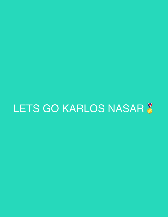 The image is a teal-colored background with white text reading "LETS GO KARLOS NASAR". To the right of the name is a medal emoji. There is no indication of the location being Plovdiv, Bulgaria.