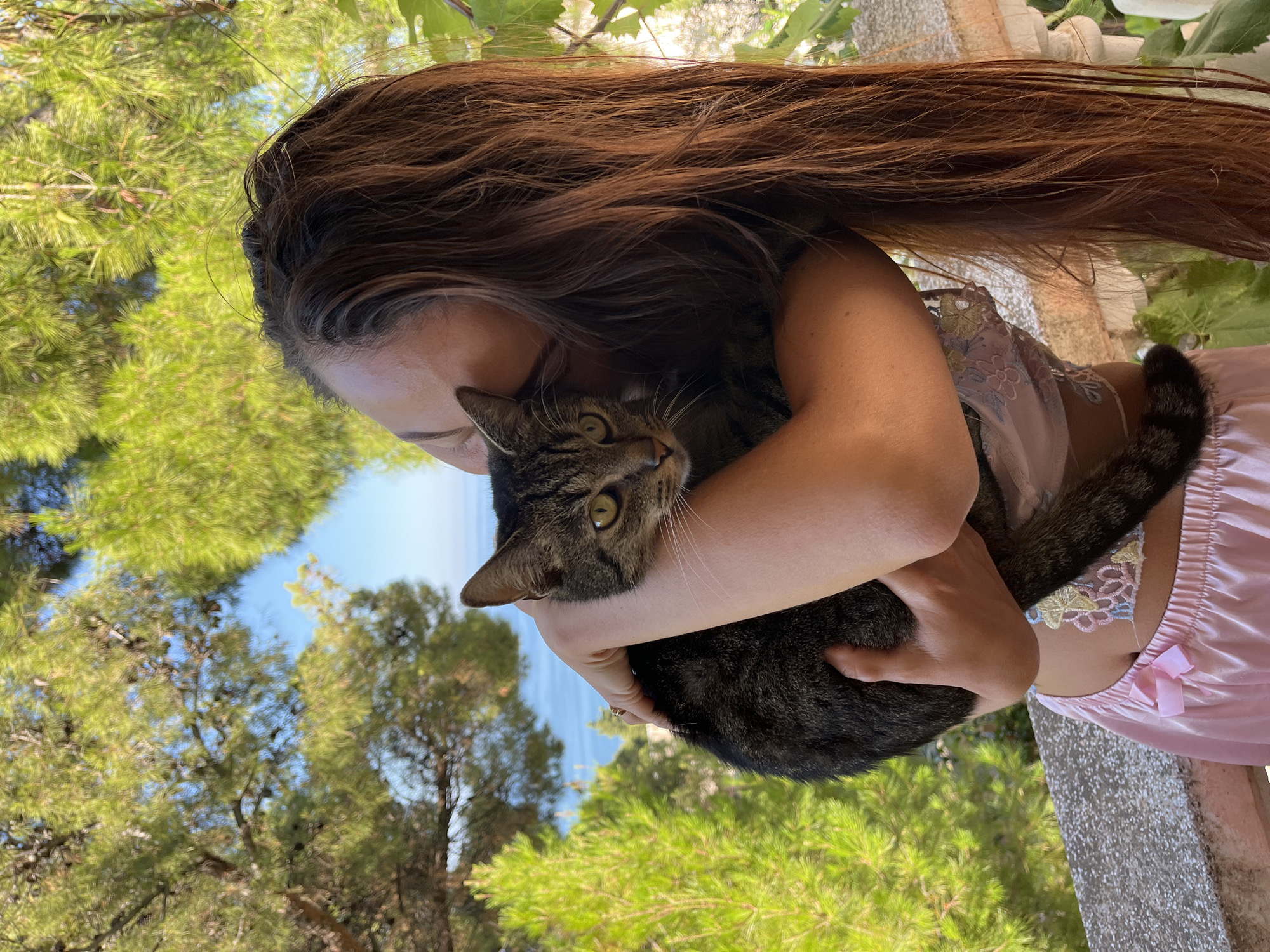 A woman with long, dark brown hair is holding a tabby cat in her arms. She is wearing a pink lace top and pink satin shorts with a pink bow. The cat has green eyes and is looking at the camera. They are standing on a balcony overlooking the sea. In the background, there are green trees and a blue sky. The image appears to have been taken in Šušanj, Montenegro, given the similar scenery to other images from that location.