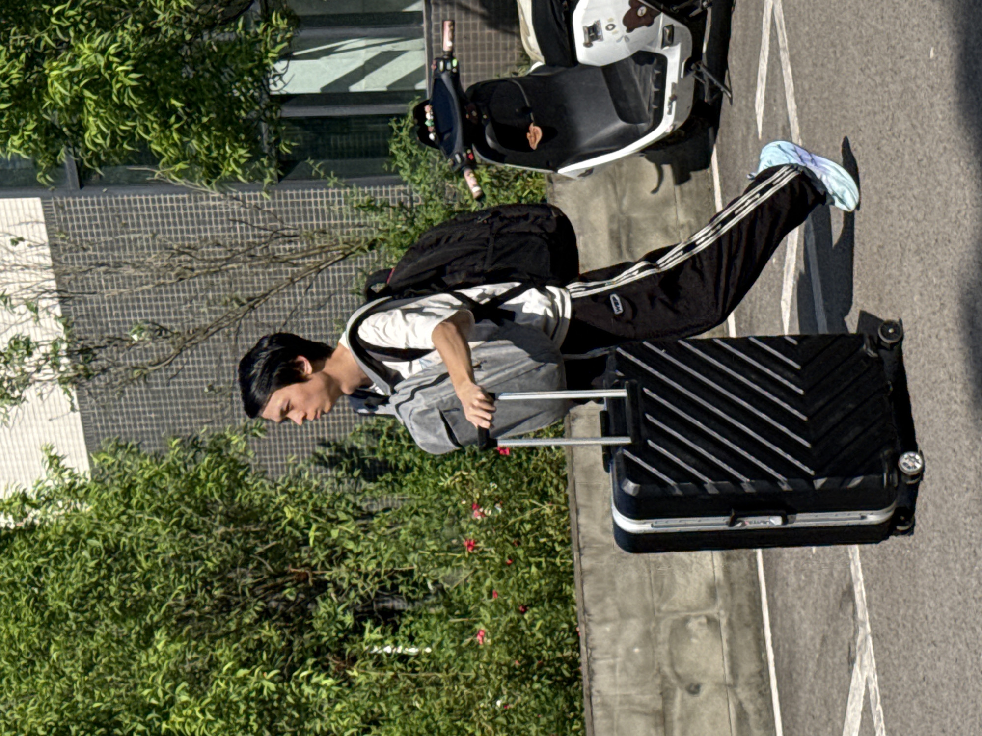 This image, taken in Jiangjin, China, captures a young person in an outdoor setting under bright sunlight, indicated by prominent shadows. The individual, appearing male, is seen pulling a black hard-shell suitcase with a silver retractable handle with their right hand. They are also carrying a large black backpack on their back and a smaller grey bag on their front.
The person is dressed casually in a white t-shirt, black track pants featuring three white stripes down the side, and light blue sneakers. The "adidas" logo is visible on the track pants. Behind the person, a white and black scooter is parked, adorned with a brown bear-like graphic on its white front.
The background features a building with a textured, grid-patterned grey wall and reflective windows. Lush green foliage, including trees and bushes with occasional red flowers, lines the area. The ground consists of asphalt and concrete, marked with white lines, suggesting a pathway, road, or parking area. The scene depicts an individual on the move, possibly traveling or commuting, on a clear, sunny day.