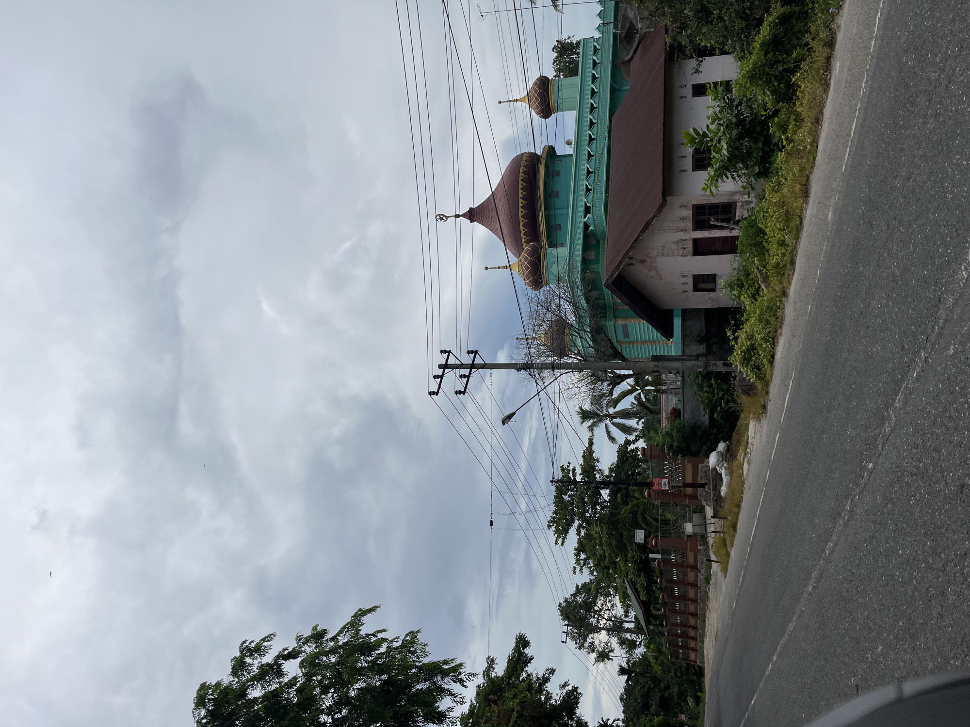 The image depicts a street scene in Seuneubokpunti, Indonesia, with a mosque as the dominant structure. The mosque features a prominent turquoise building with a large, reddish-brown dome topped with a crescent moon and star symbol, as well as smaller golden domes. Adjacent to the mosque, a smaller, light-colored building with a rusty brown roof is visible, surrounded by dense green foliage. A paved road runs in the foreground, with a grassy embankment separating it from the buildings. Power lines crisscross the sky, supported by utility poles. In the background, more trees and vegetation are apparent, under a cloudy sky. No people are visible in the frame. The overall impression is that of a residential or community area in a tropical or subtropical region.
