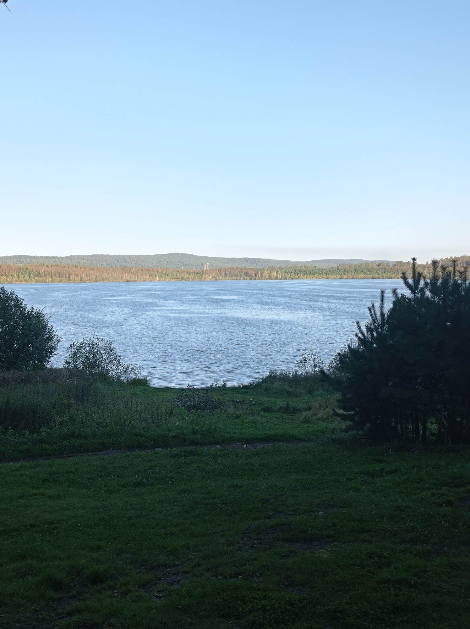 The image shows a wide, calm lake with gentle ripples reflecting the clear blue sky. Dense green trees and bushes line the foreground, with a patch of darker green grass in the immediate foreground. In the distance, a line of hills covered with mixed trees, some appearing brown and bare, borders the far side of the lake. The landscape suggests a natural, possibly rural or semi-rural, setting. No people or specific structures are visible to indicate a precise location within Degtyarsk, Russia, though the scene is consistent with the natural environment found in and around the city, which is known for its lakes and surrounding forests.