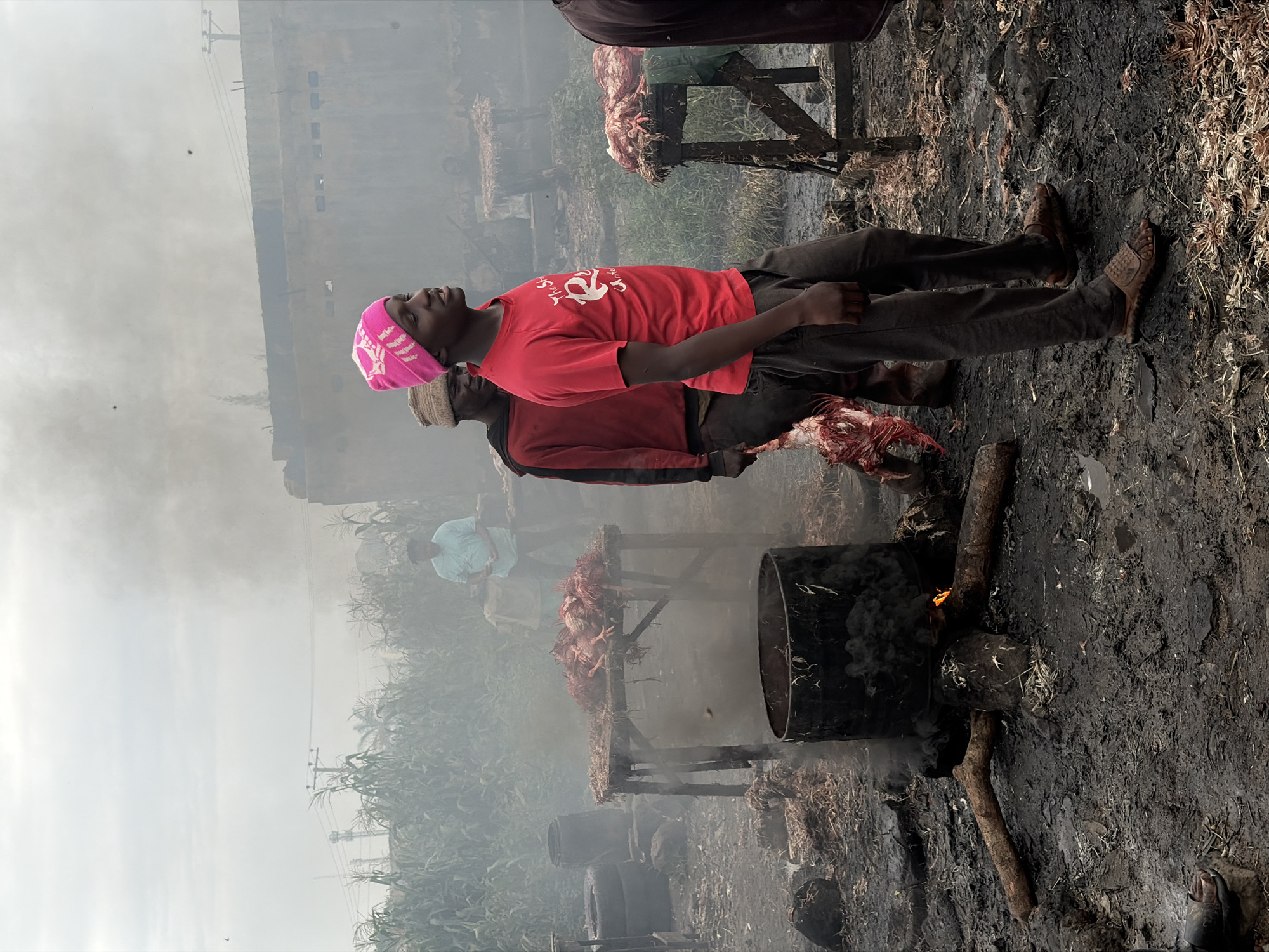 The image depicts an outdoor scene, possibly a market or a processing area, with a significant amount of smoke in the air, obscuring the background. In the foreground, several individuals are present. To the right, a young man wearing a red t-shirt with a graphic print and a pink beanie is looking to the side. Behind him, another person in a brown knitted hat and a dark hooded jacket is partially visible, carrying a carcass of a bird.
In the middle ground, there are makeshift wooden tables laden with what appear to be butchered poultry. A large metal barrel is positioned on the ground, with a fire burning beneath it, producing smoke. Several wooden logs are arranged around the fire. More avian carcasses are visible on a table to the left. In the background, a person in a light blue shirt stands near a row of tall green plants, likely corn. A large, boxy structure, possibly a truck or building, is visible through the smoke. The ground is covered in dark, muddy soil, with scattered debris and remnants of organic material. The overall impression is of a processing operation for poultry, possibly a market or preparation area, with an active cooking or smoking process underway. The presence of smoke and the general environment suggest an industrial or agricultural setting within the city of Bukuru, Nigeria.
