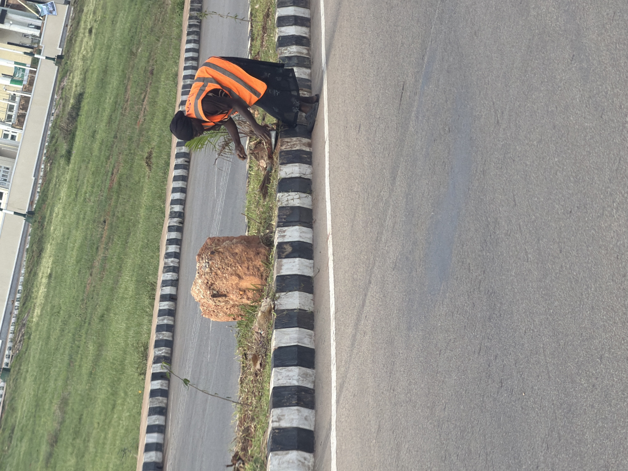 A person wearing an orange safety vest over a dark dress and head covering is tending to the roadside vegetation. They are bent over, with their hands reaching towards the ground, appearing to be clearing debris or grooming plants. The person is positioned on the edge of a road, next to a concrete curb painted with alternating black and white diagonal stripes. Behind the curb is a strip of grass and soil, with a large, reddish-brown rock or boulder. Further back, a grassy embankment slopes upwards, leading to buildings in the distance. The scene suggests a maintenance or cleaning activity taking place in an urban or semi-urban environment, possibly in Bukuru, Nigeria, given the context. The road surface in the foreground is asphalt.