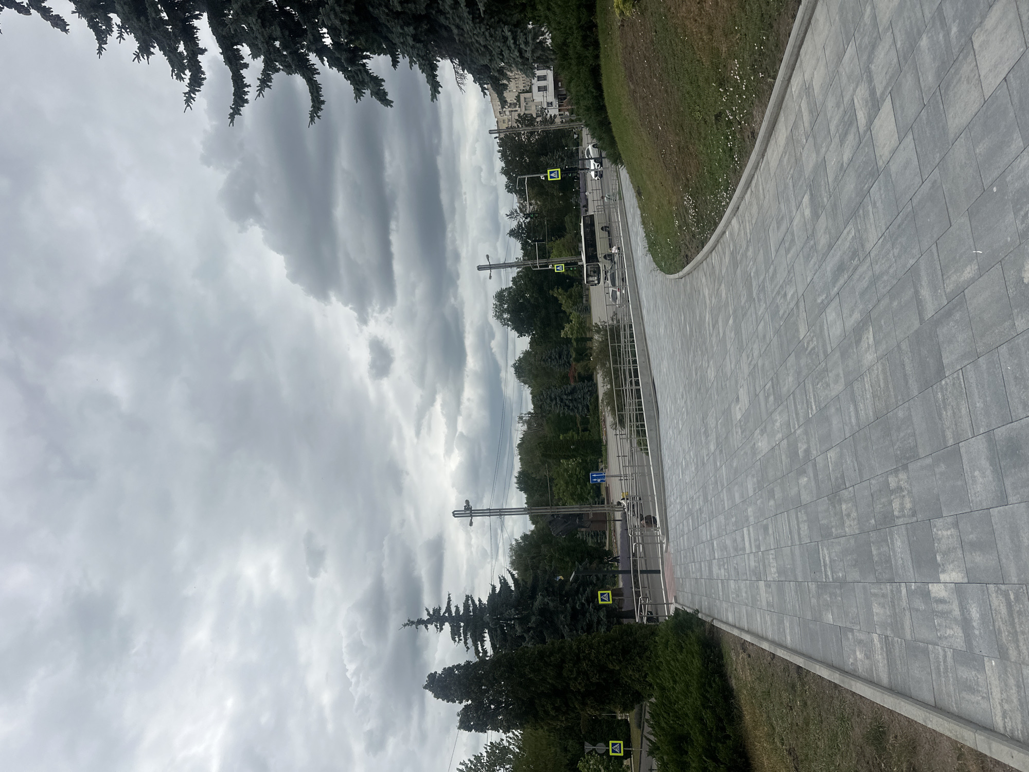 The image depicts a cloudy day in Ternopil, Ukraine. A paved walkway made of grey rectangular tiles curves from the foreground into the mid-ground. On the left side of the walkway, there is a grassy area with manicured bushes and evergreen trees. Further in the background, a road is visible with traffic, including a bus and a white car. Several pedestrian crossing signs with yellow warning triangles are present. Tall evergreen trees and deciduous trees form a backdrop to the scene, with buildings and apartment blocks visible in the distance on the right. A street light with multiple fixtures is positioned near the road. The overall impression is of an urban park or public space on an overcast day.