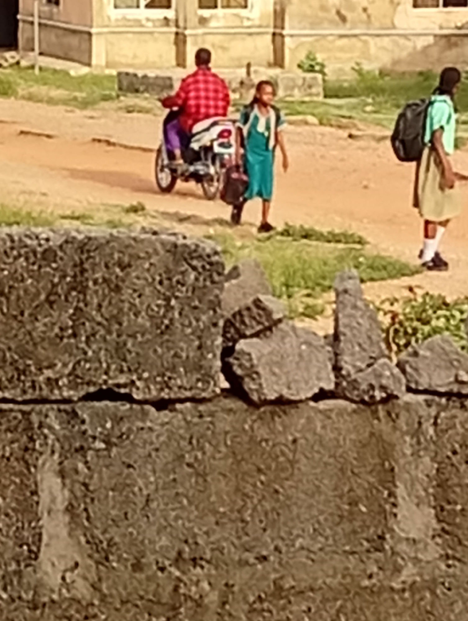 The image depicts a scene in Adankolo, Nigeria. In the background, a man on a motorcycle rides on a dirt road. A schoolgirl in a blue uniform carries a bag, walking near the motorcycle. Another schoolchild, wearing a green shirt and khaki shorts, is walking on the right side of the image with a backpack. In the foreground, there's a wall constructed from large, textured stones. The backdrop includes a building, suggesting a populated area. The environment appears to be a dusty or sandy locality with some vegetation. The children seem to be going to or returning from school.