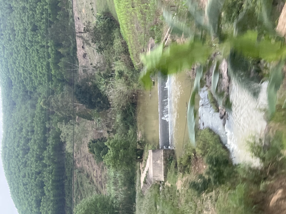 This image depicts a rural landscape in Myui, Vietnam. The central feature is a segmented river or large stream flowing from background to foreground. A concrete weir or small dam spans the water in the midground, causing a cascade of aerated, light brown water. Upstream from the weir, the water is calm and murky brown. Downstream, the water becomes turbulent and lighter in color, flowing over visible rocks.
On the left bank, adjacent to the weir, a concrete structure, possibly an irrigation channel or embankment, extends into the midground. The banks are covered with green grass, various bushes, and scattered trees of varying sizes and foliage densities. A sloped, somewhat cleared dirt area with sparse vegetation is visible on the right bank.
The background features a prominent hill densely covered with a uniform pattern of light green trees, characteristic of a planted forest. Below this primary treeline, a band of lighter, less vegetated terrain with some sparse trees separates the hill from the midground vegetation. Multiple horizontal utility lines traverse the mid-upper background. No individuals or animals are present in the scene. The overall environment suggests a managed natural landscape.