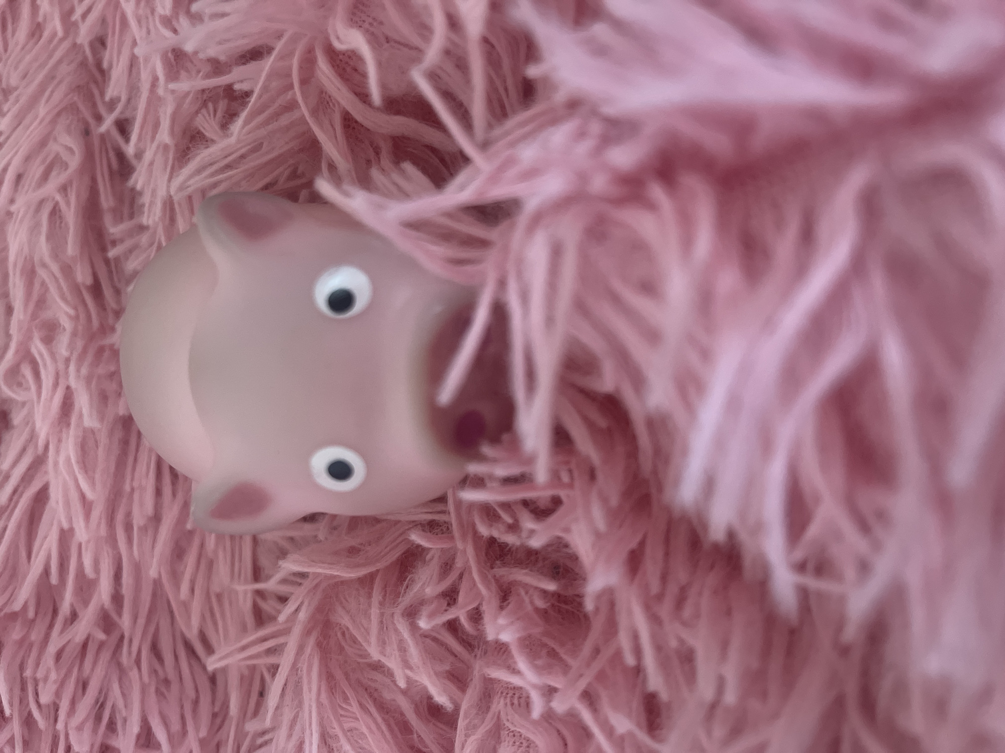 A light pink, rubbery pig toy with a dark pink snout and white googly eyes is partially obscured by a pink, shaggy material, possibly a blanket or pillow. The pig is situated in the lower left of the frame. No people or signs indicating the location as Марковский, Russia, are evident.