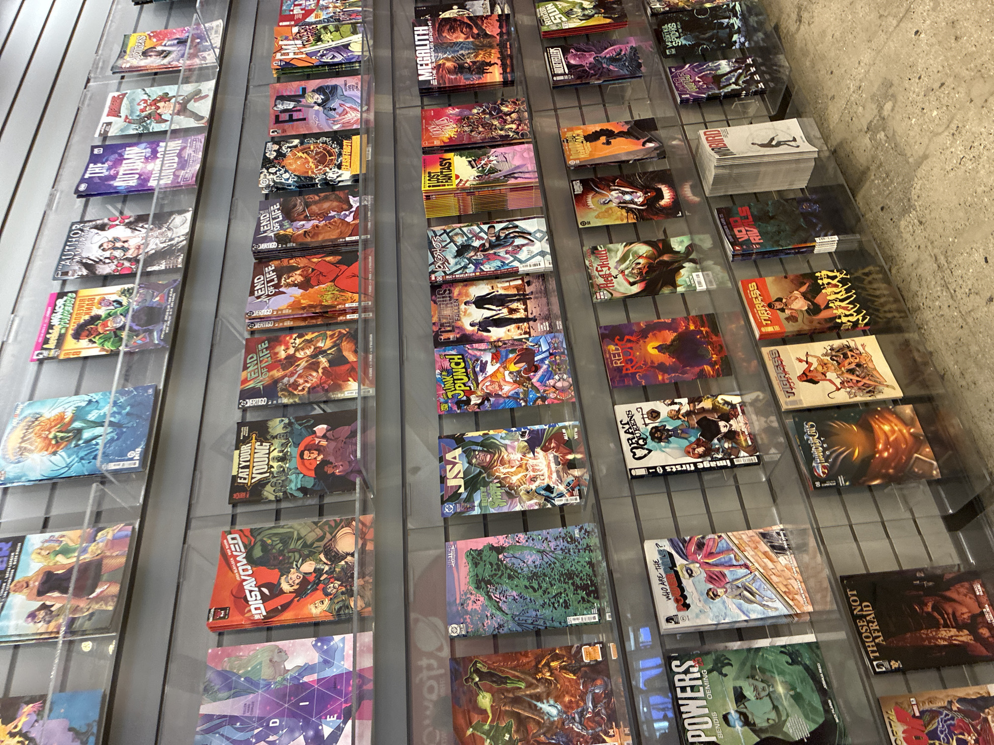 The image shows a close-up of several rows of comic books displayed on clear shelves in a store. The comic books are colorful and feature various illustrations and titles. Some of the visible titles include "The Disavowed," "Eat Your Young," "End of Life," "Junk Punch," "Lost Fantasy," "Red Skull," "Thunderbolts Lost," and "Venom Kill Spiders." The comic books are arranged in a neat, organized manner, with their covers facing forward. The background consists of a grey, textured wall, and the flooring appears to be concrete. There are no people or other subjects visible in the image. The lighting is bright and even, suggesting an indoor retail environment. The overall scene depicts a section of a comic book store.