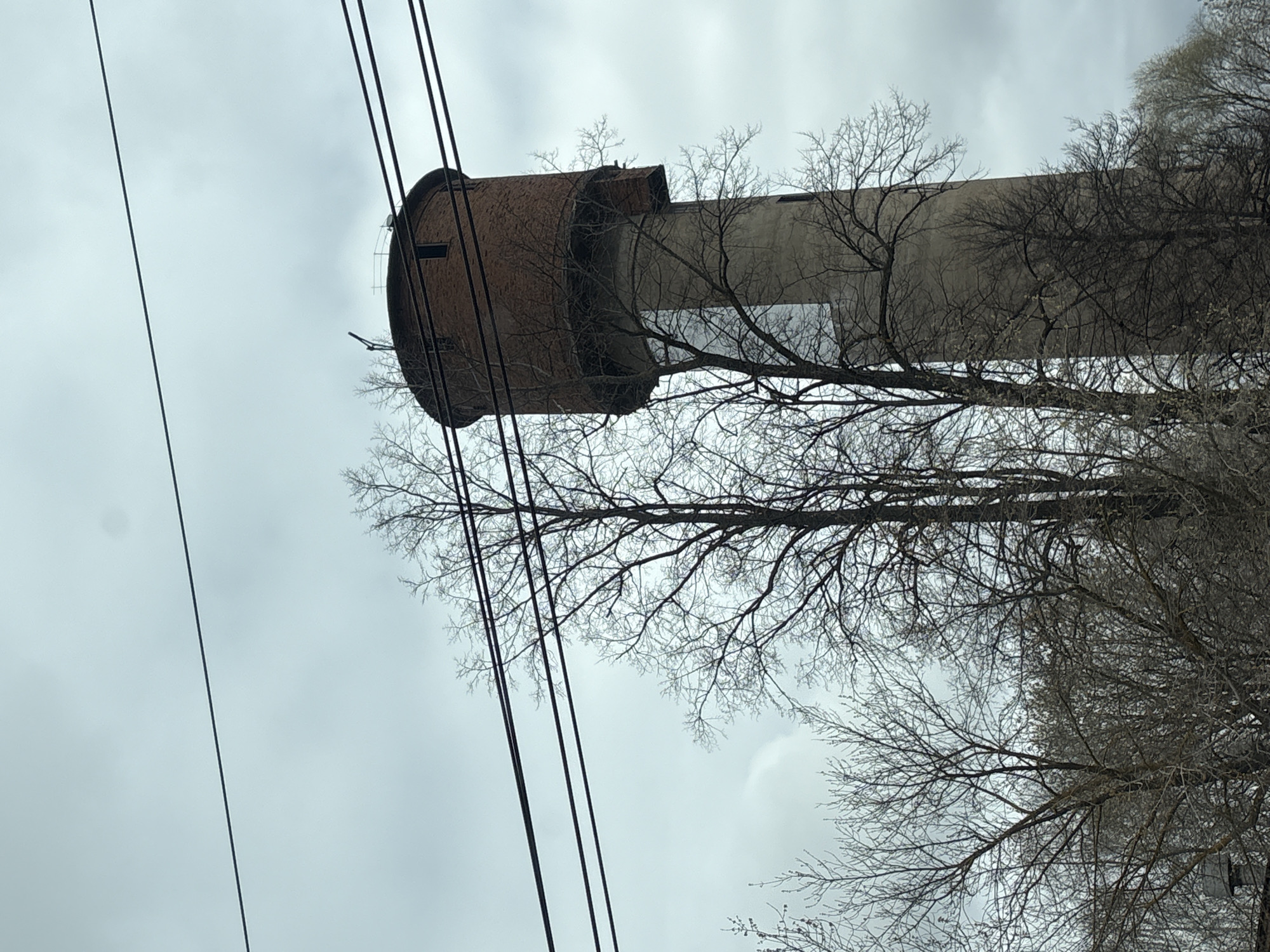 An outdoor, eye-level shot captures a towering structure, bare trees, and multiple power lines against a cloudy, overcast sky, likely in Izhevsk, Russia. The central subject is an old water tower, characterized by a cylindrical, reddish-brown brick base and an upper section made of lighter grey concrete or metal. This upper part has a more rectangular, block-like appearance, with some window-like openings or access points visible, and what appears to be a ladder or maintenance structure on its side. The tower shows signs of age and weathering.
Numerous deciduous trees with intricate, leafless branches frame the tower and occupy the lower and right portions of the image. The bare branches suggest it is either winter or early spring, and some branches exhibit a frosty or icy sheen. Several thick power lines diagonally traverse the upper left and central parts of the frame, partially obscuring the water tower and sky. The sky is uniformly grey and heavily clouded, indicating overcast weather. There is no visible activity or specific event taking place. No discernible text is present in the image. The overall impression is one of a utilitarian structure amidst stark natural elements under a muted sky.