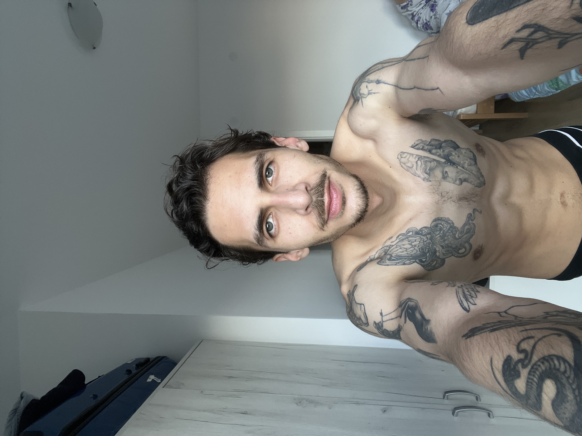 The image depicts a shirtless man with tattoos on his chest and arms. He has dark hair, a mustache, and light eyes. He is wearing black underwear. The background includes a white wall, a suitcase, and what appears to be a piece of furniture. There is a light fixture on the ceiling. There is no information to suggest the location in Rafailovići, Montenegro.
