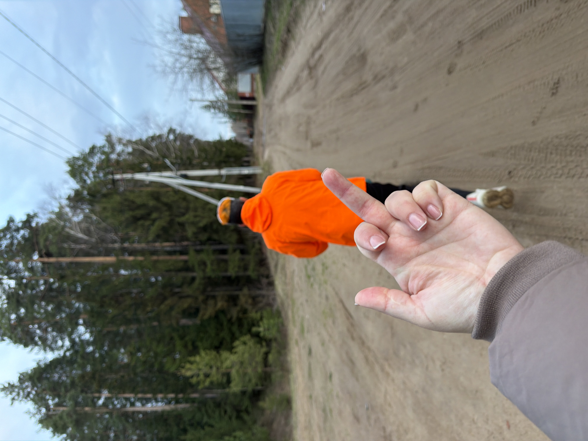 A person, wearing an orange jacket and possibly headwear, is walking away on a dirt road that runs between a forest and a building. Another person's hand with manicured nails is visible in the foreground, middle finger extended towards the first person. The location is likely in or near Chaikovsky, Russia.