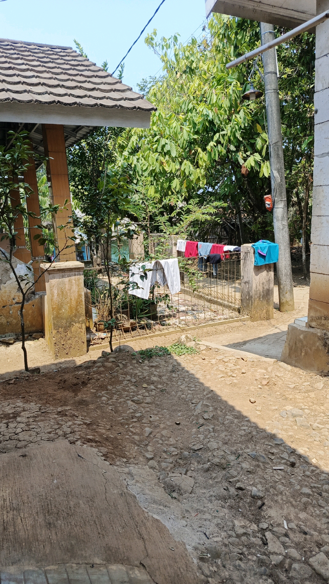 The image depicts an outdoor scene in a residential area, likely in Baturanjang, Indonesia, on a sunny day. The foreground shows a rough, unpaved ground surface with scattered stones and patches of dry, cracked earth. A concrete structure, possibly a foundation or pathway, is visible on the left.
Behind the foreground, a metal gate stands partially obscured by a small tree. Laundry hangs on a clothesline strung across the gate, featuring an assortment of clothing items, including red, blue, and black garments, as well as white towels or sheets. A bright blue bag is also hung on the gate.
The background is filled with lush green foliage from numerous trees and plants, suggesting a tropical or subtropical environment. A concrete pillar with a light fixture and electrical wires is present on the right side of the frame, indicating the presence of basic infrastructure. A part of a building with a tiled roof is visible on the upper left. The overall impression is of a humble, lived-in outdoor space.
