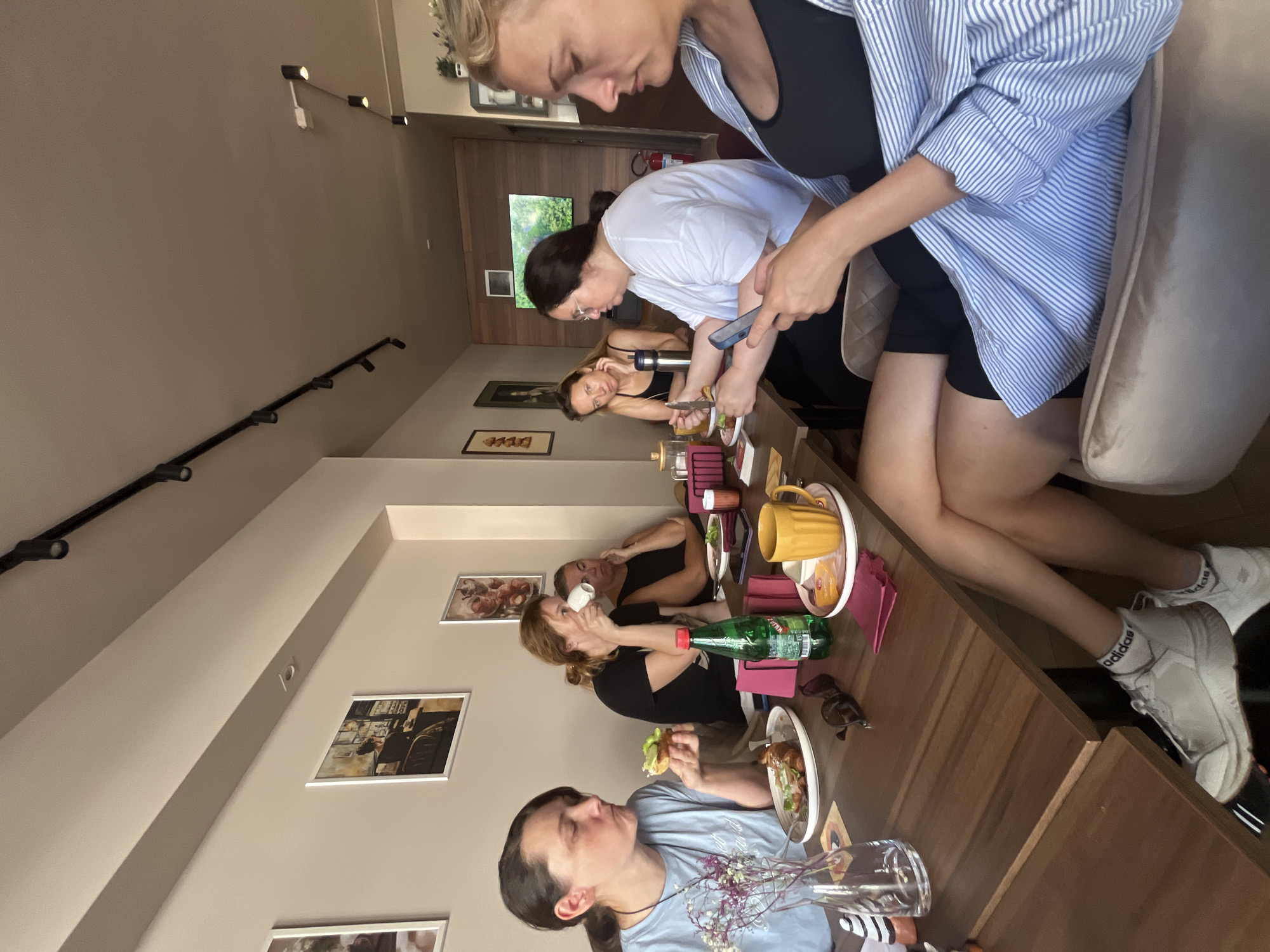 The image depicts an indoor scene within a cafe in Donji Pobori, Montenegro, where a group of five women are seated around a wooden table, engaged in a meal. The cafe appears casual, with a neutral-toned wall adorned with framed artwork. The lighting suggests daytime.
On the left, a woman with dark hair pulled back in a ponytail is wearing a light blue t-shirt. She is holding a small sandwich with green and white filling in her right hand, and in front of her is a plate with a croissant and a small salad. A vase with purple flowers and a glass of water are also on the table.
Next to her, a woman with blonde hair is drinking from a white cup. She is wearing a black t-shirt.
Further down the table, another woman with dark hair, wearing glasses and a white t-shirt, is looking down at her food. She is wearing a black tank top underneath.
To her right, a woman with long blonde hair is wearing a black tank top.
In the foreground on the right, a woman with blonde hair is wearing a black tank top and a blue and white striped shirt. She is holding a mobile phone in her hands. She is seated in a beige armchair.
On the table, there are plates of food, cups, napkins, and a bottle of water. The atmosphere appears relaxed, with the women interacting amongst themselves. The overall scene is one of a casual dining experience in a cafe.