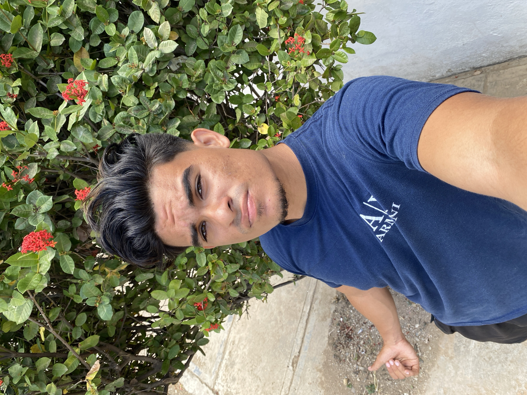 A man with dark hair and stubble stands near a wall and a plant with green leaves and small red flowers. He is wearing a blue T-shirt. The ground appears to be paved, possibly a sidewalk or a road, with some loose debris. The location is indicated as the city of Juan Griego, Venezuela, though specific landmarks are not visible in the image.