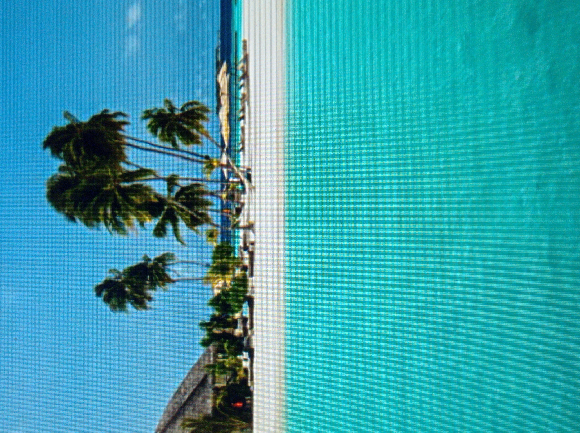 This image shows a tropical beach scene with clear turquoise water and a white sand beach lined with palm trees and a thatched-roof building. Loungers and umbrellas are visible on the beach. In the distance, a body of water and a hazy shoreline can be seen under a bright blue sky. The image is a photograph of a postcard or a printed picture, as evidenced by the visible pixelation. This image is not of Mukachevo, Ukraine.